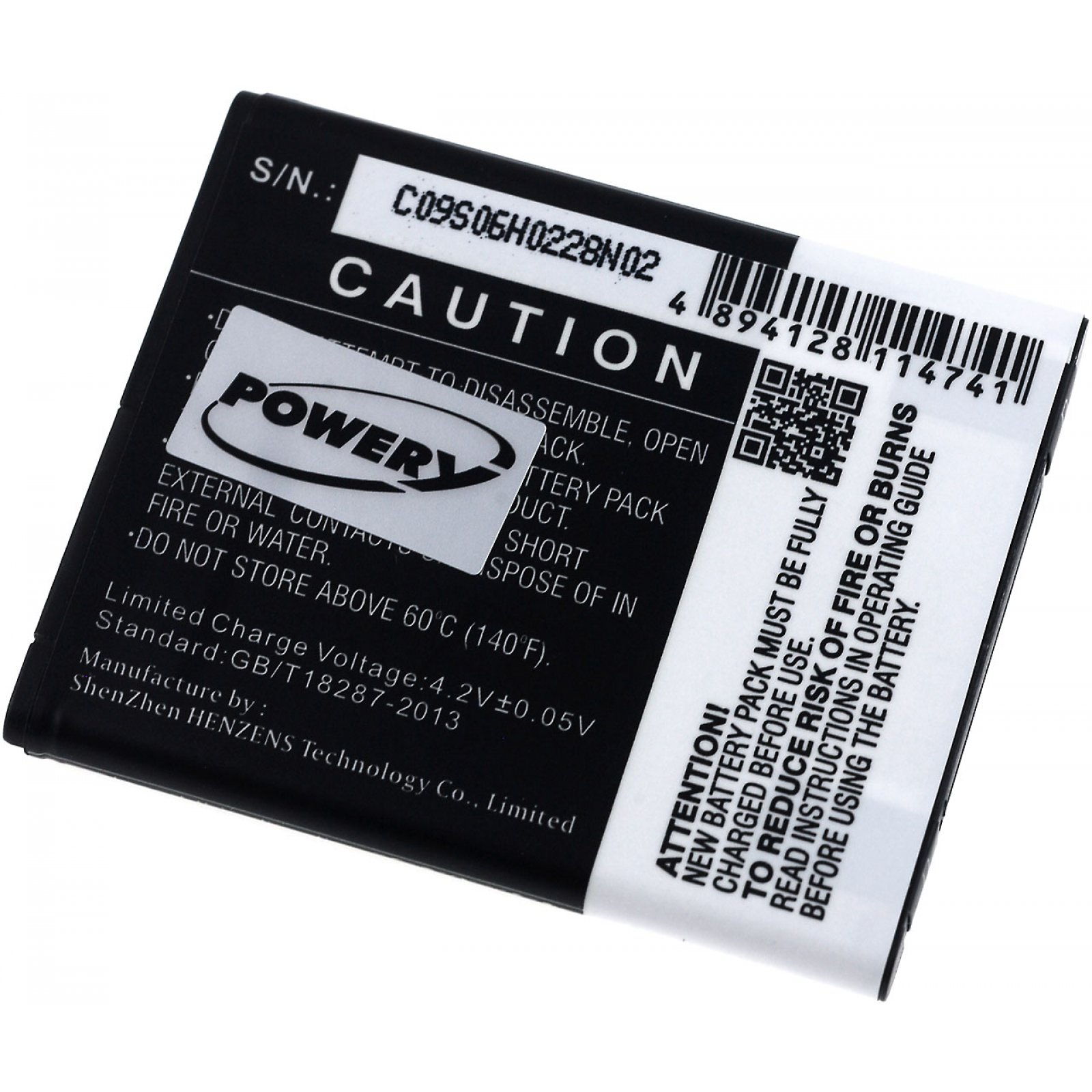 Batería en blanco y negro con texto y código QR. Fondo blanco.