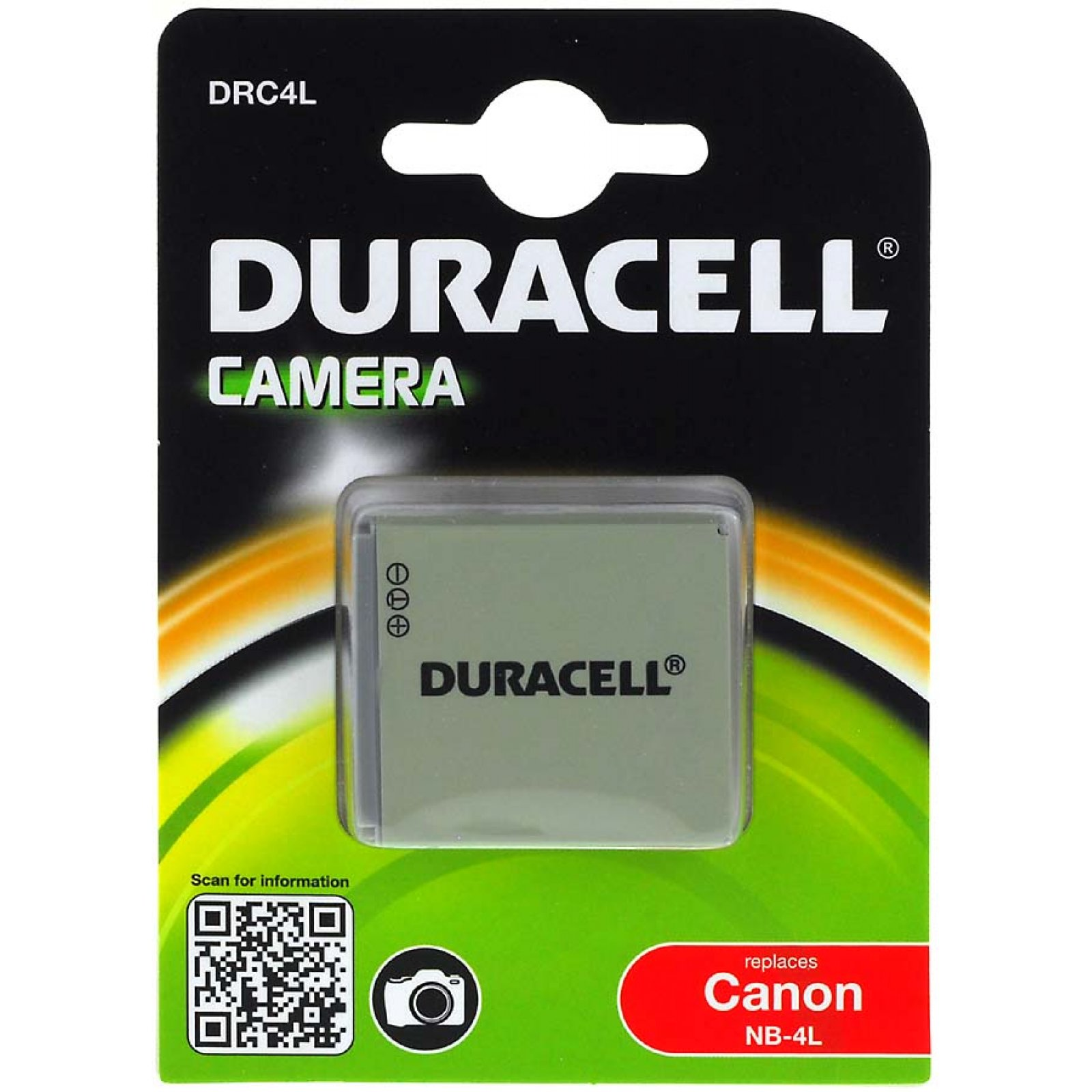 Embalaje de batería de cámara Duracell. Es verde, negro, gris y blanco con texto.