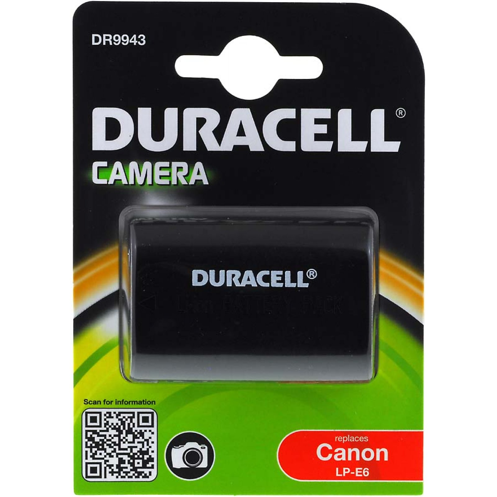 Batería de cámara Duracell en paquete. Batería negra sobre tarjeta verde y negra. Código QR y etiqueta de reemplazo Canon.