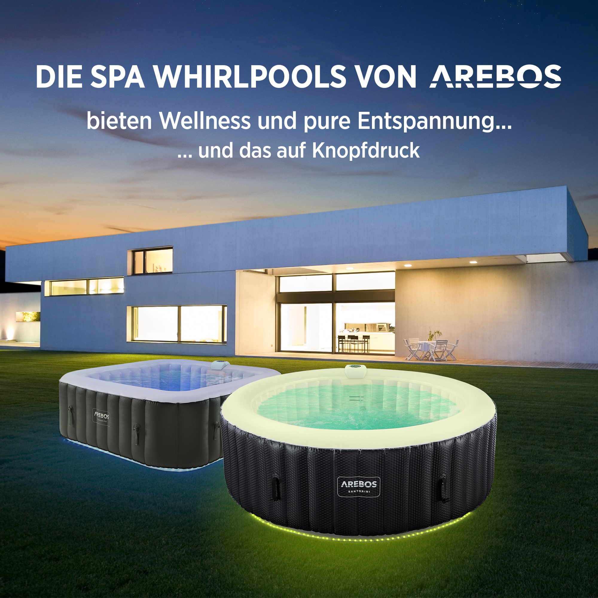 Zwei Whirlpools und ein Haus sind abends zu sehen. Der Himmel ist dunkelblau.