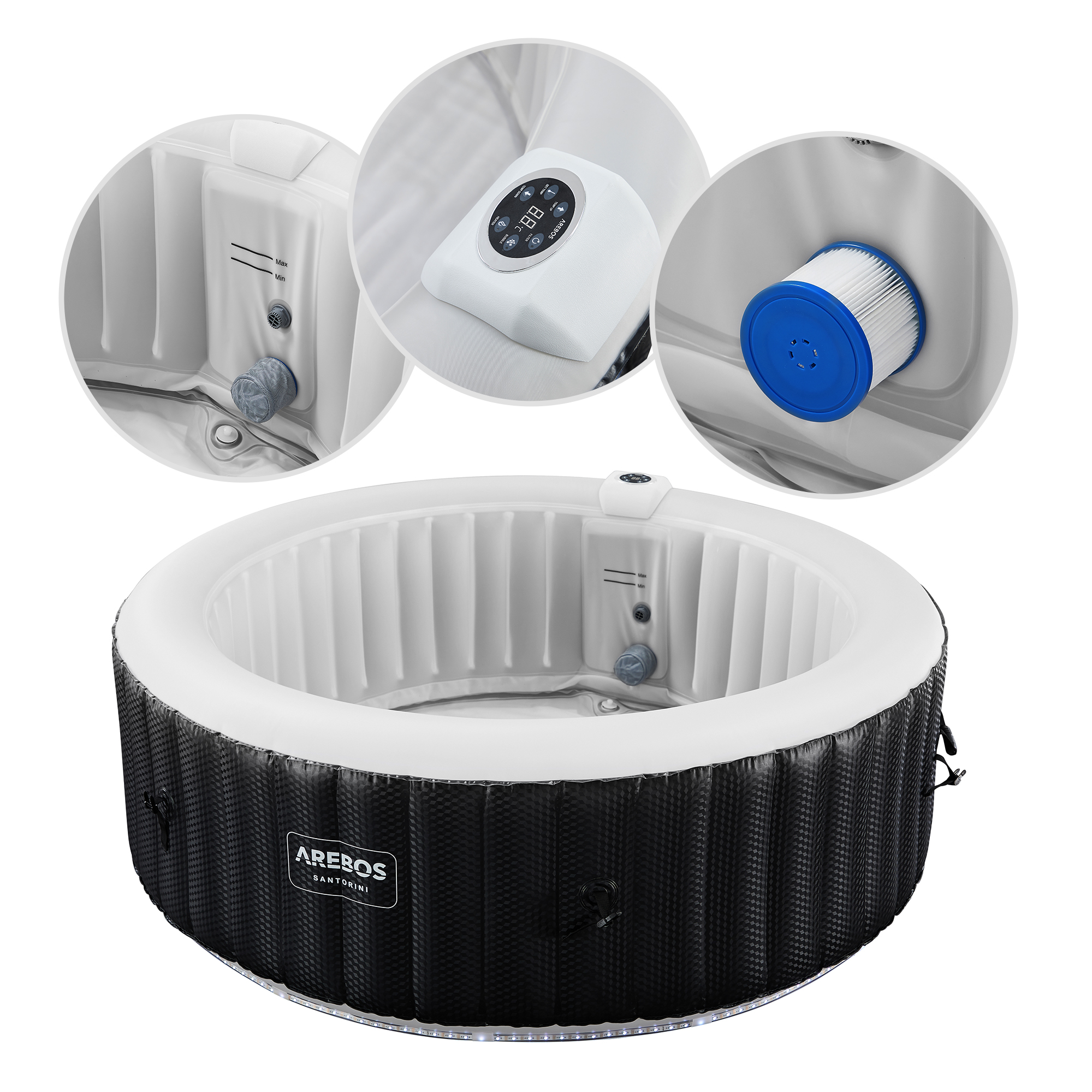 Ein aufblasbarer AREBOS-Whirlpool mit drei eingebetteten Bildern von Bedienelementen und einem Filter.