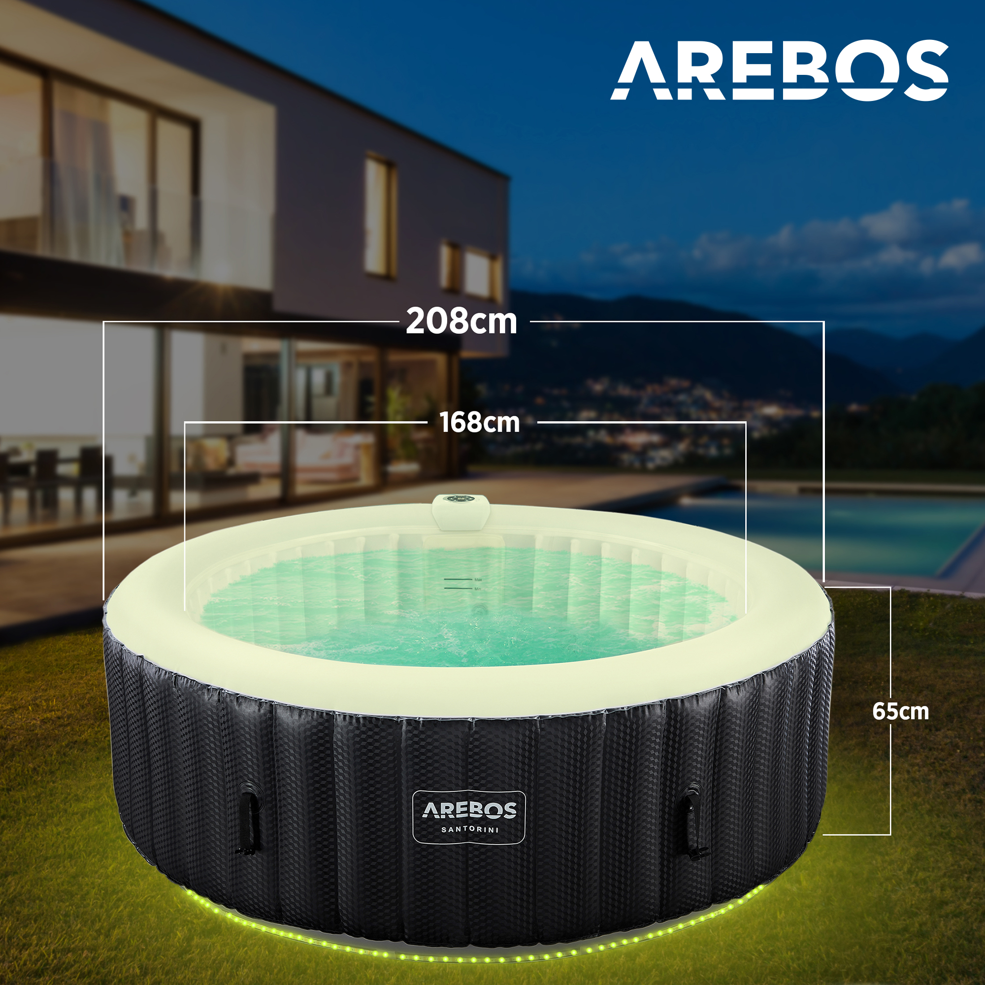 Runder aufblasbarer Whirlpool im Garten. Abmessungen sind markiert, und das Arebos-Logo befindet sich oben.