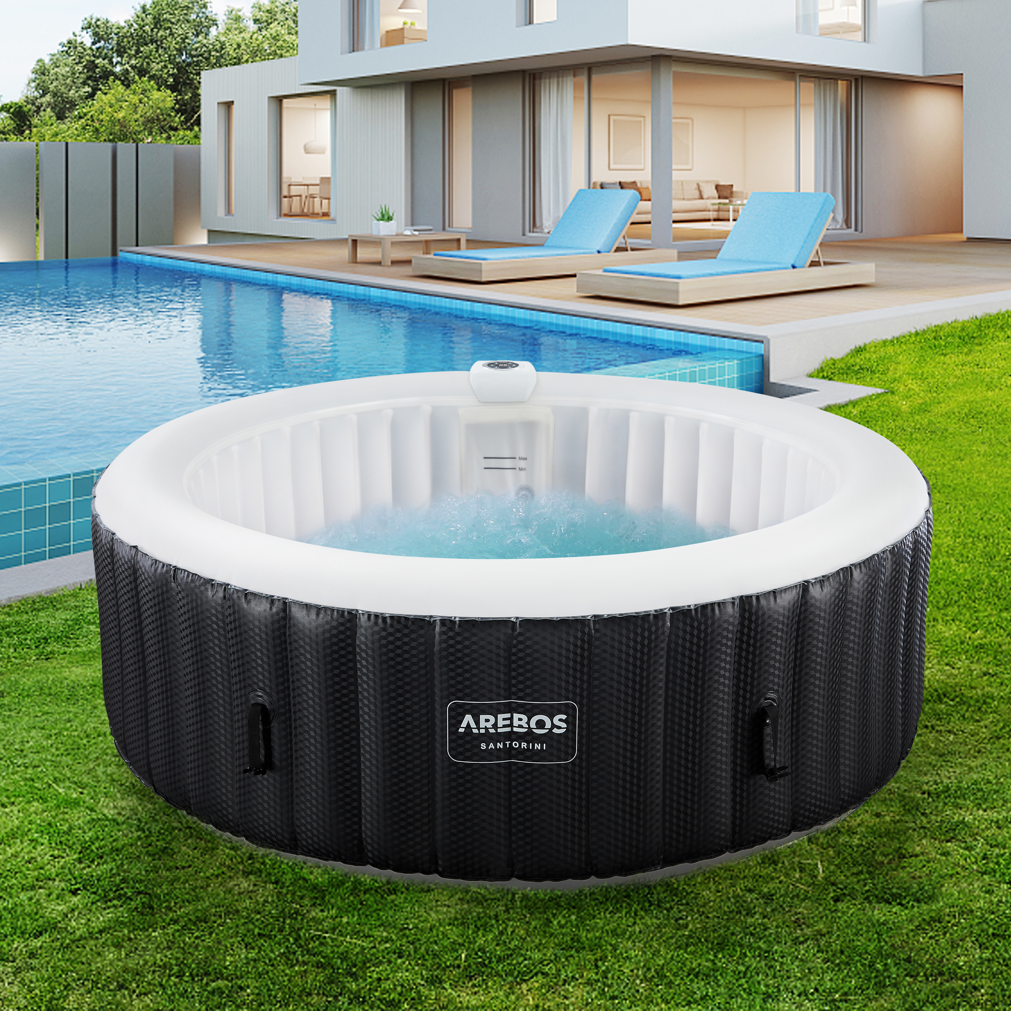 Ein Outdoor-Whirlpool. Er ist rund, schwarz mit weißem Oberteil und steht auf grünem Gras in der Nähe eines Pools.
