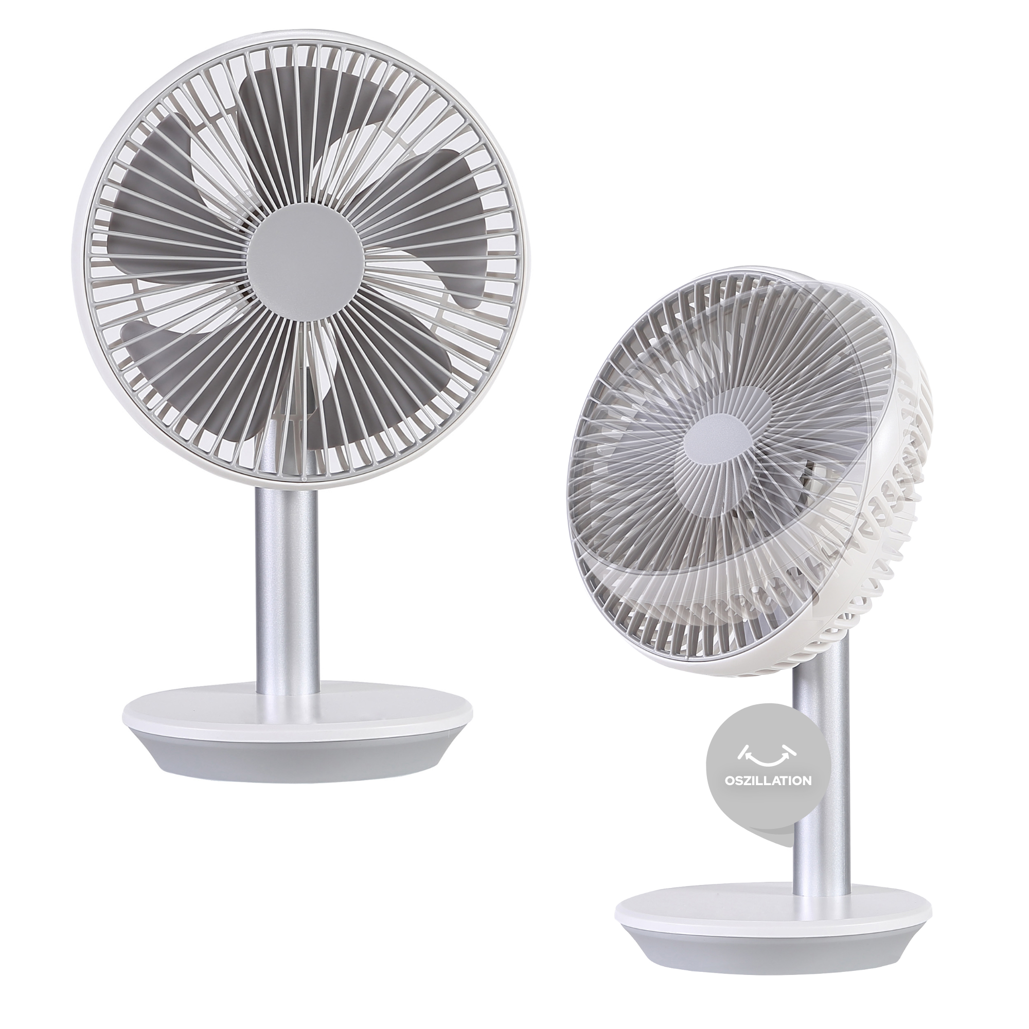 Zwei weiße und graue Ventilatoren. Einer ist angewinkelt, der andere gerade. Beide sind weiß.