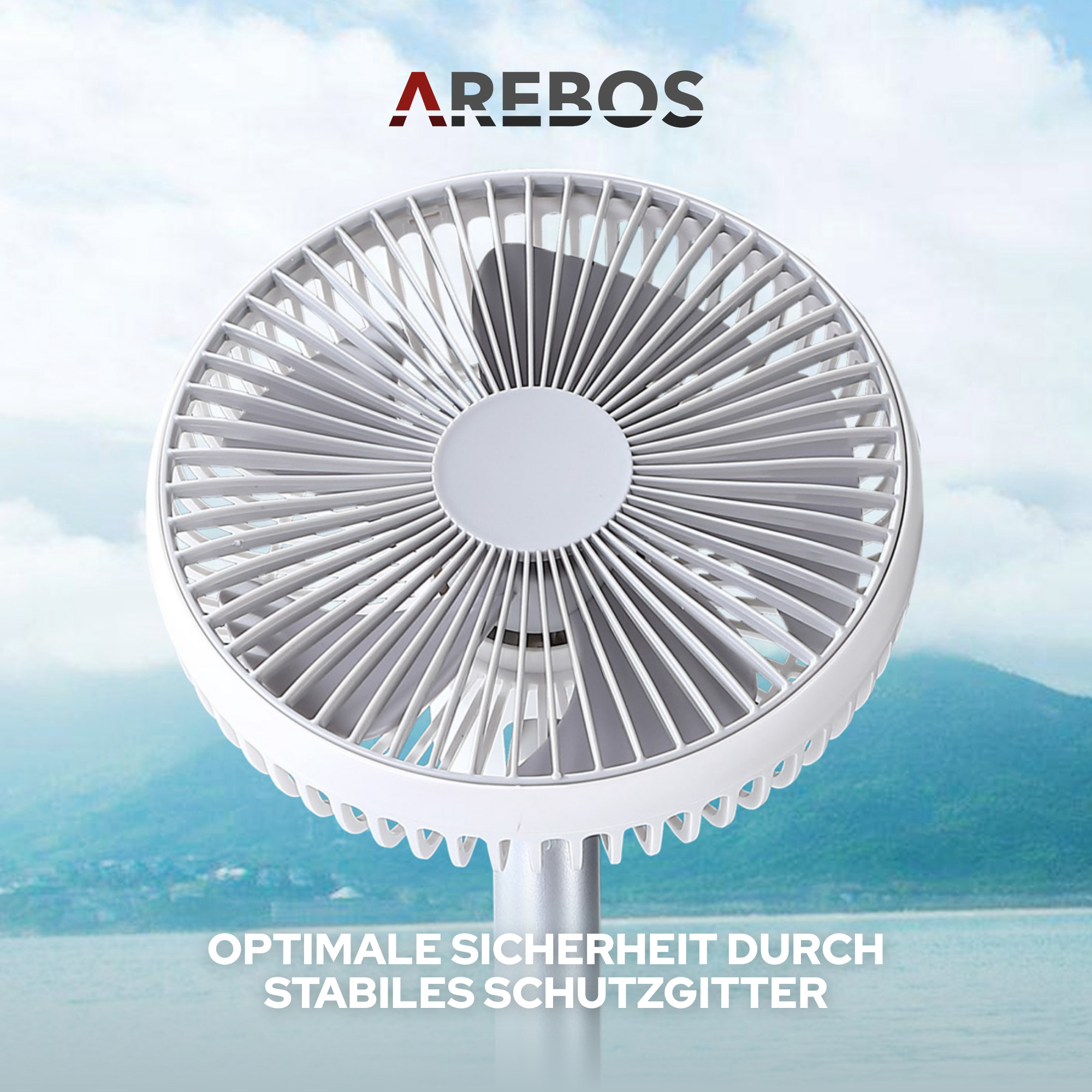 Weißer AREBOS-Ventilator mit Schutzgitter und blauem Himmel im Hintergrund.