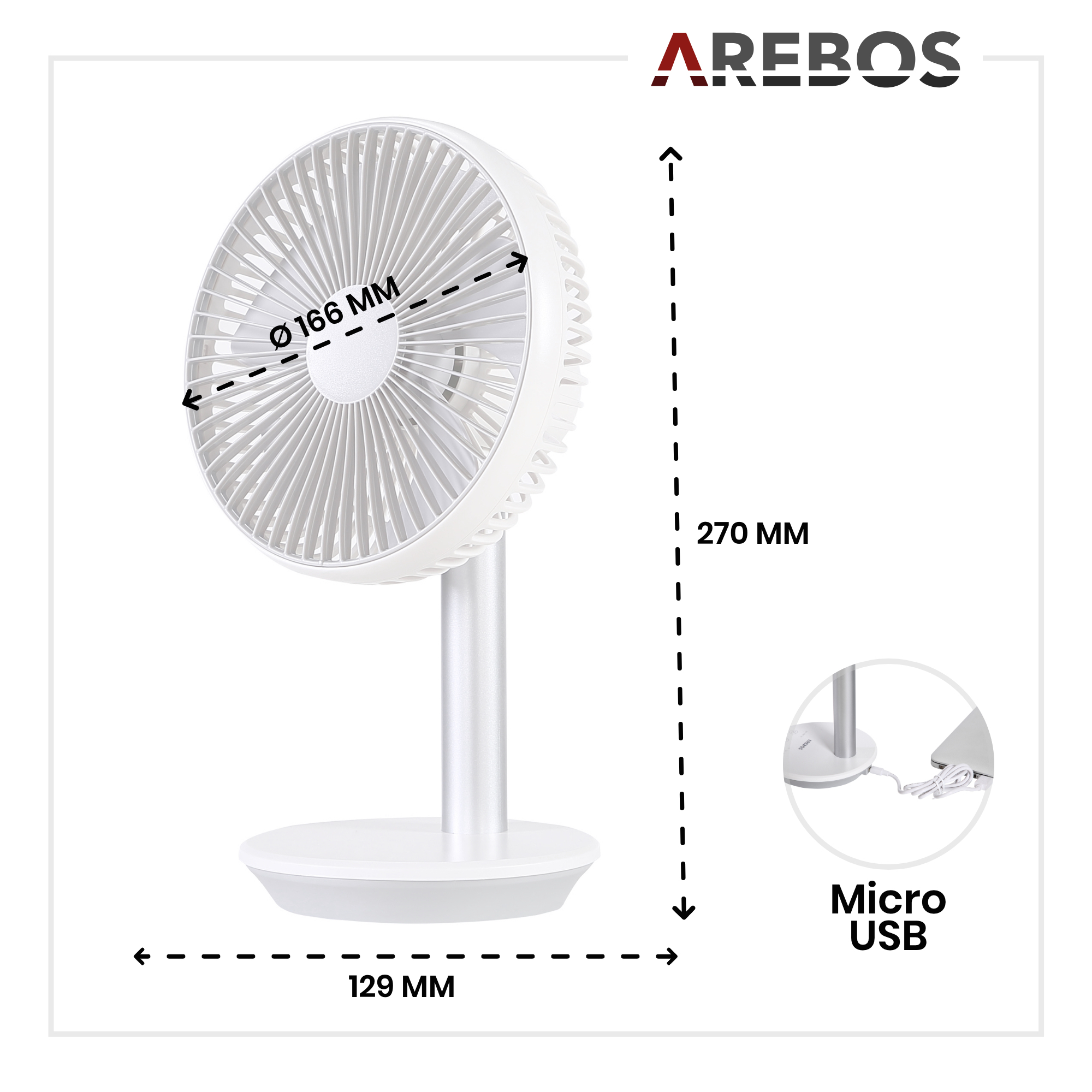 Weißer Tischventilator mit Maßen und USB-Etikett.