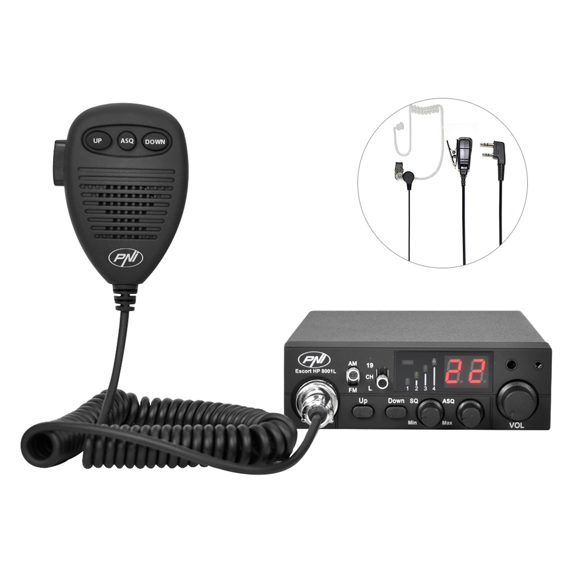 CB-Funkmikrofon, Headset und Funkgerät mit Digitalanzeige und Bedienelementen.