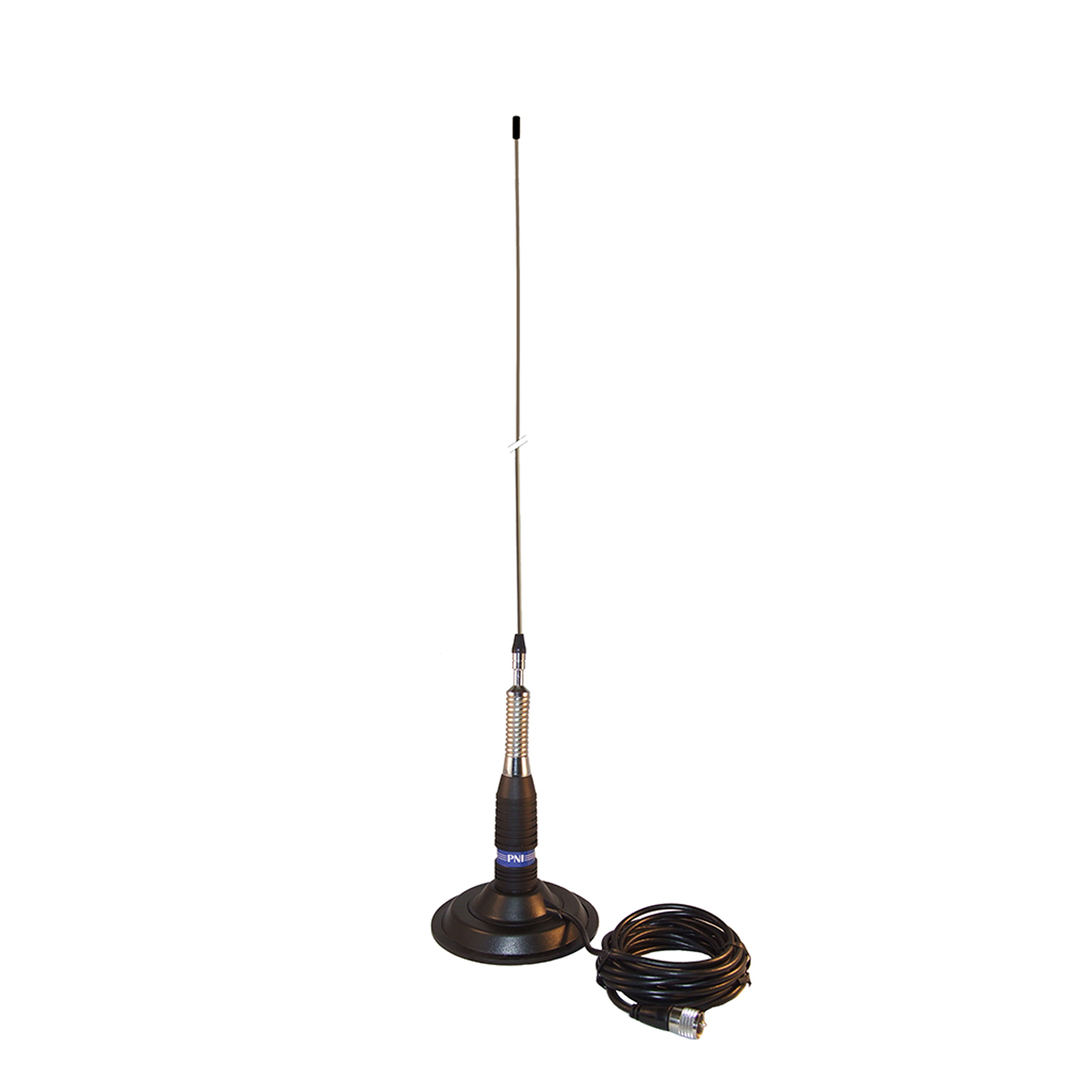 Autoantenne mit schwarzem Sockel und langer, dünner Metallstange, weißer Hintergrund.