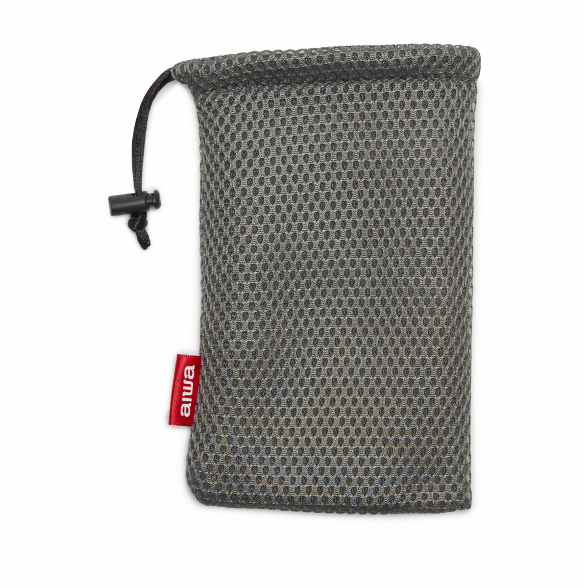 Szara siatkowa sakiewka z czarnym sznurkiem i czerwoną etykietą.