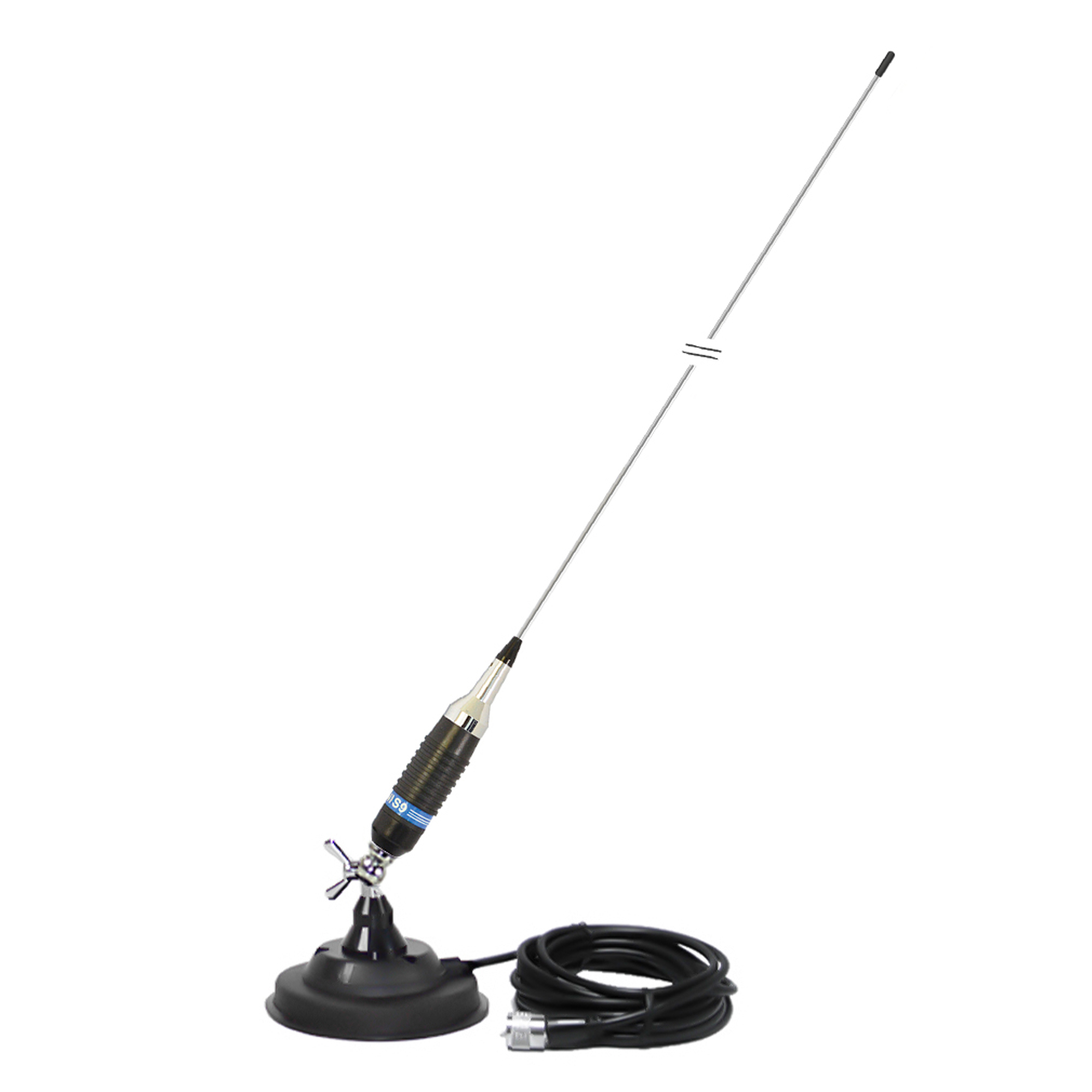 Autoantenne, schwarze Basis, silberner Mast und ein schwarzes Kabel. Isoliert auf weißem Hintergrund.