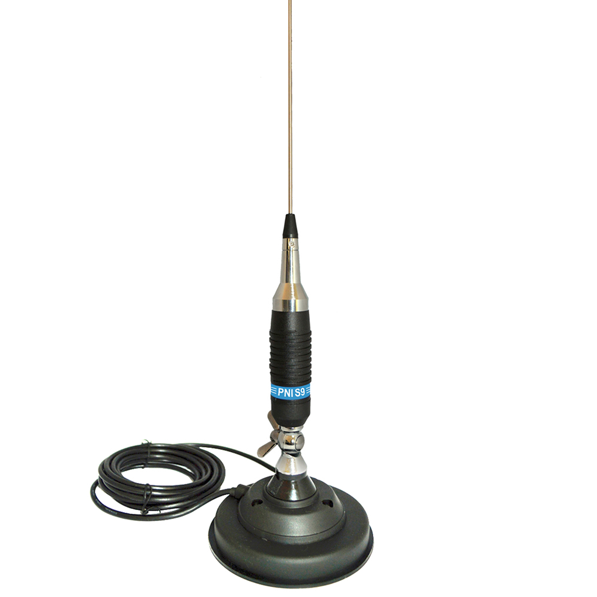 Eine schwarze und silberne Antenne mit Magnetfuß, verbunden mit einem schwarzen Kabel.