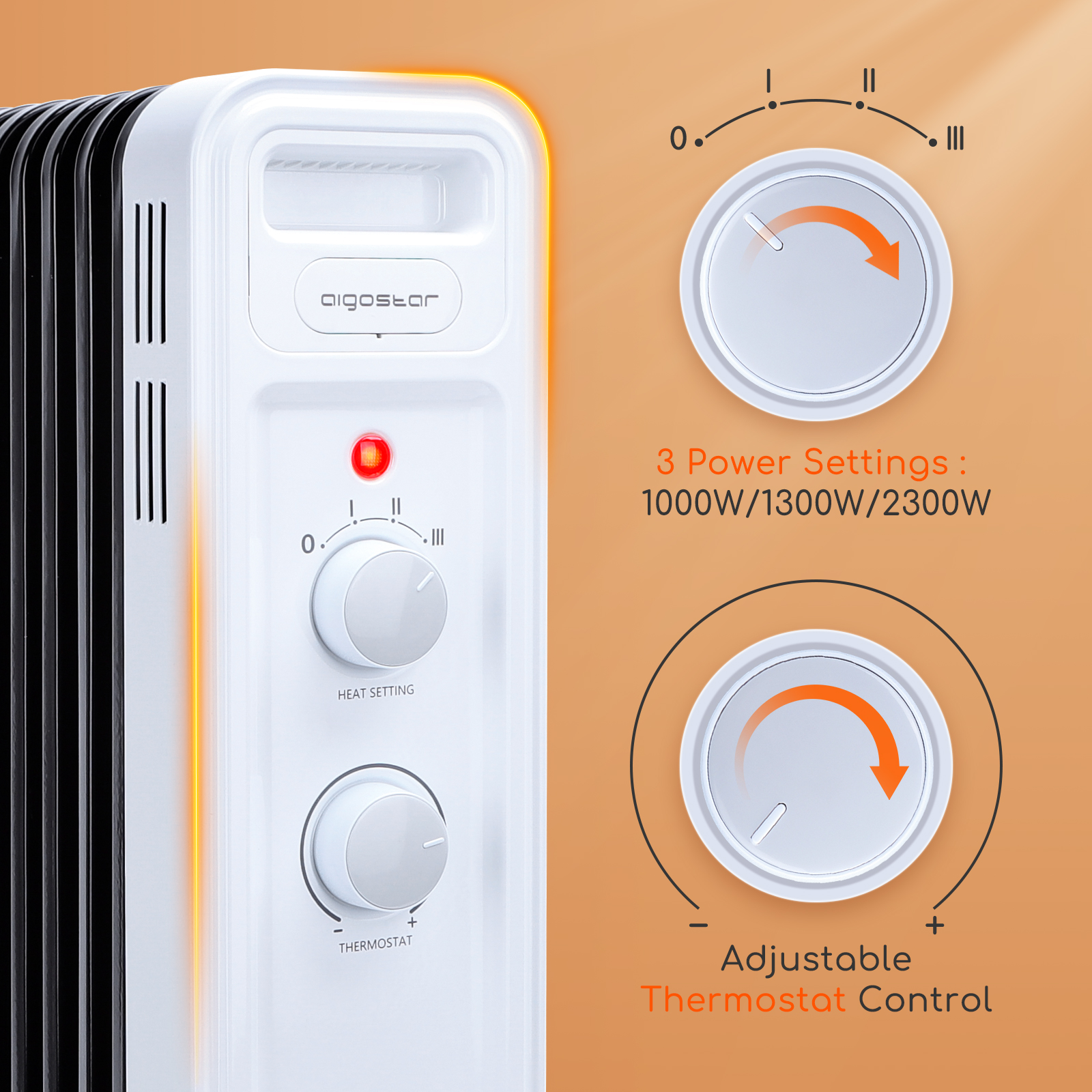 Calentador blanco con diales, ajuste de calor y control de termostato, fondo naranja.
