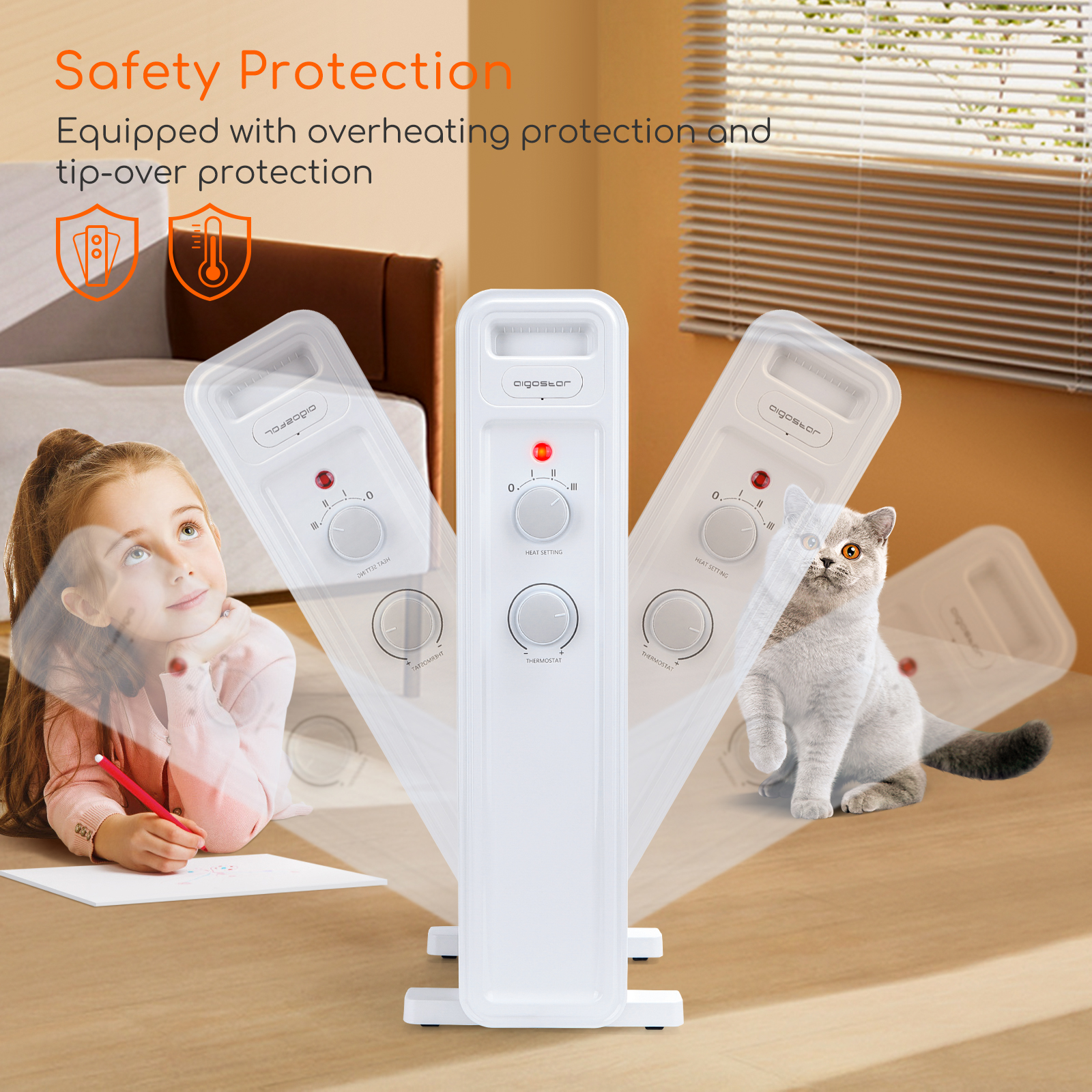 Calentador eléctrico blanco con niño y gato. Texto dice: Protección de seguridad.