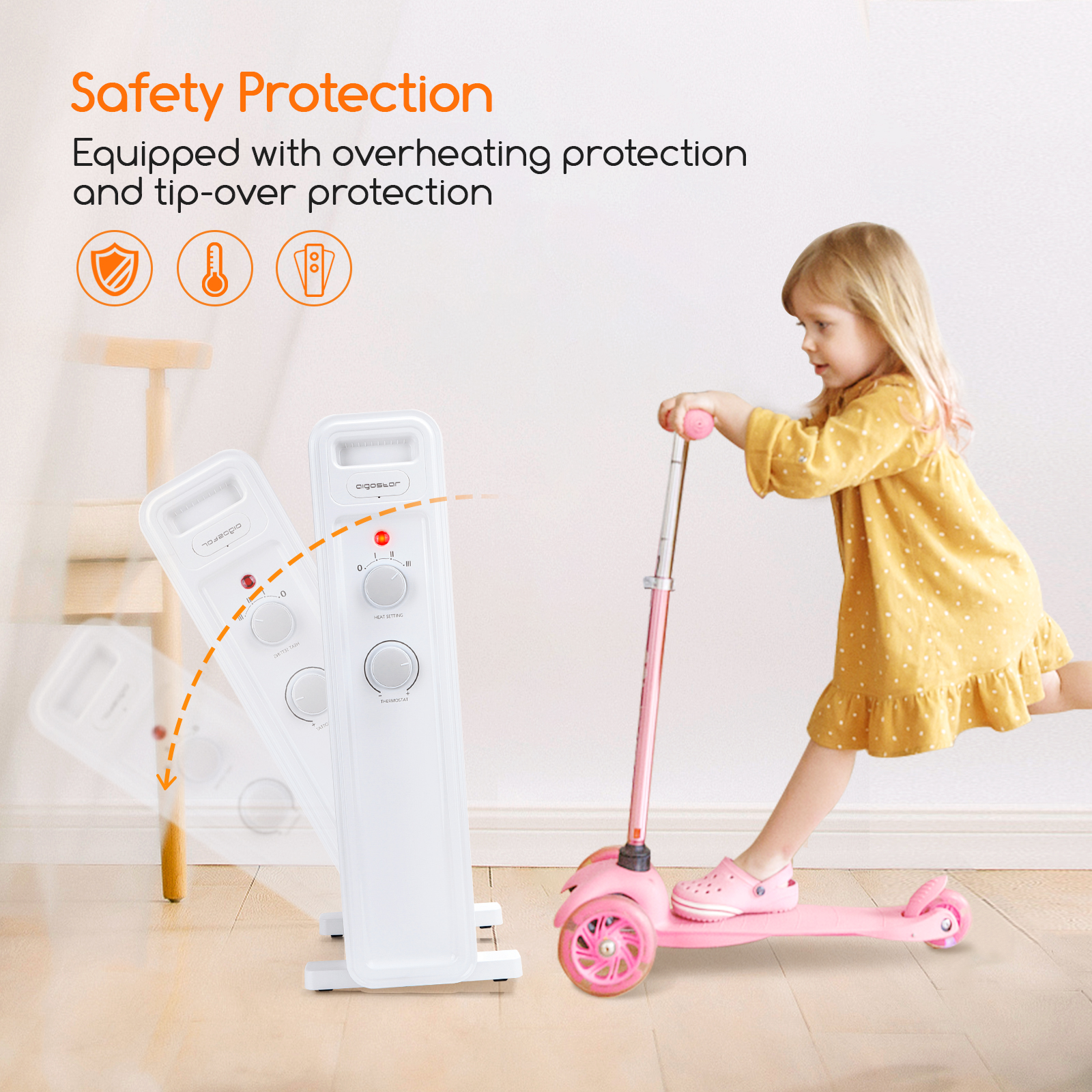Una niña montando un patinete rosa cerca de un calentador blanco. Iconos de seguridad visibles.