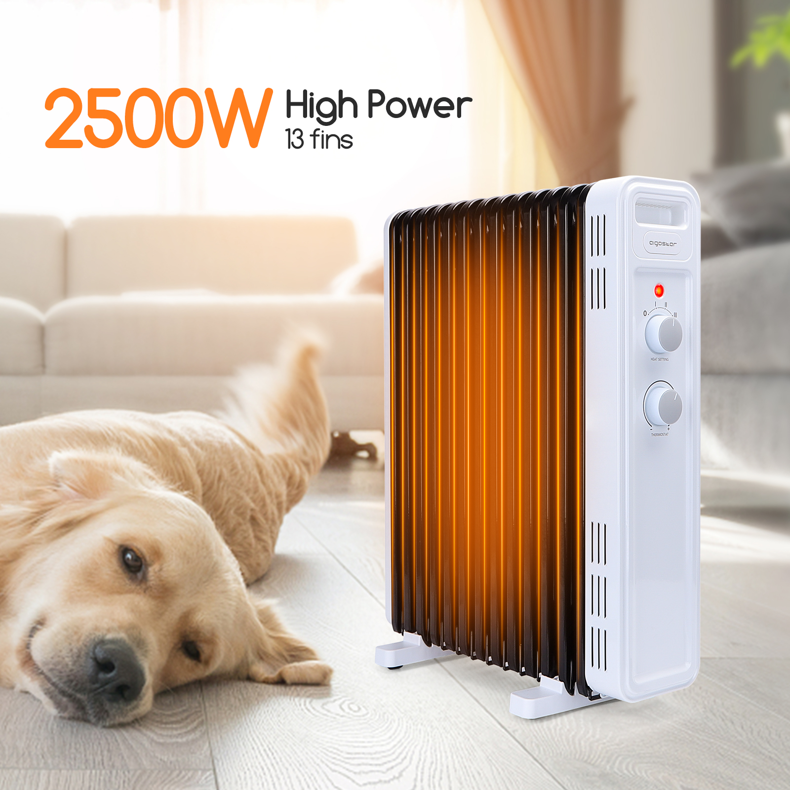 Un calefactor eléctrico blanco con 13 aletas está encendido. Un perro descansa en el suelo de madera frente a él.
