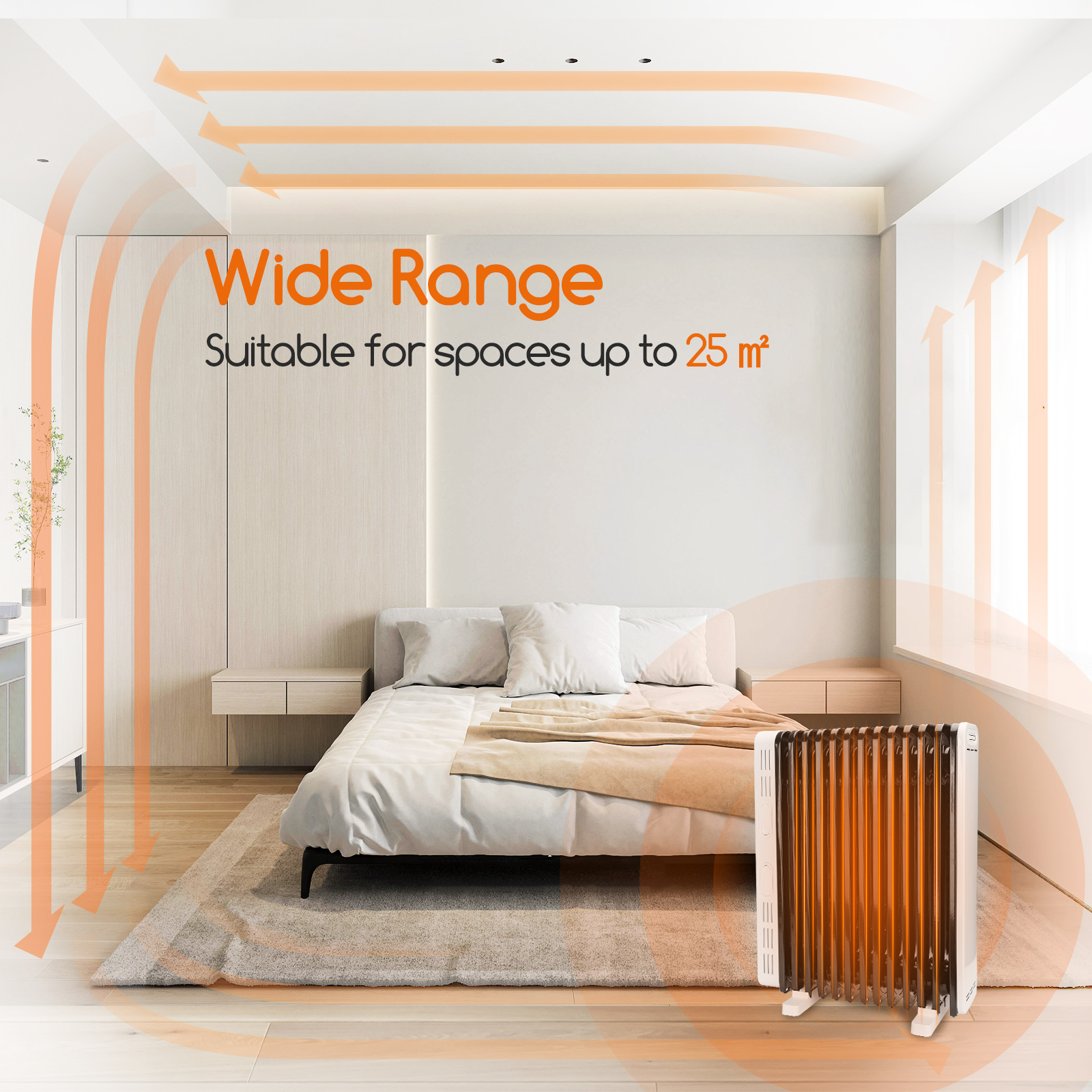 Una habitación con cama, calefactor y texto 'Wide Range'.