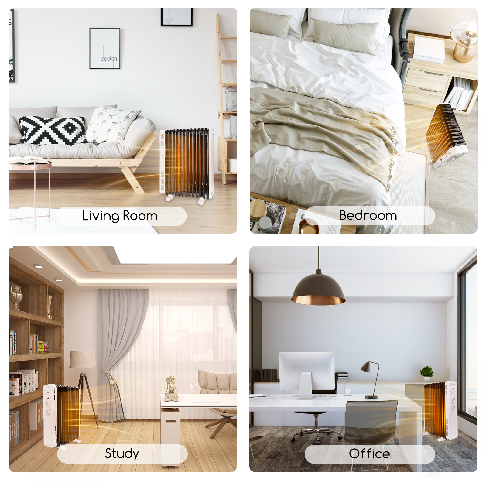 Cuatro imágenes muestran un calefactor eléctrico en diferentes habitaciones: sala de estar, dormitorio, estudio y oficina.