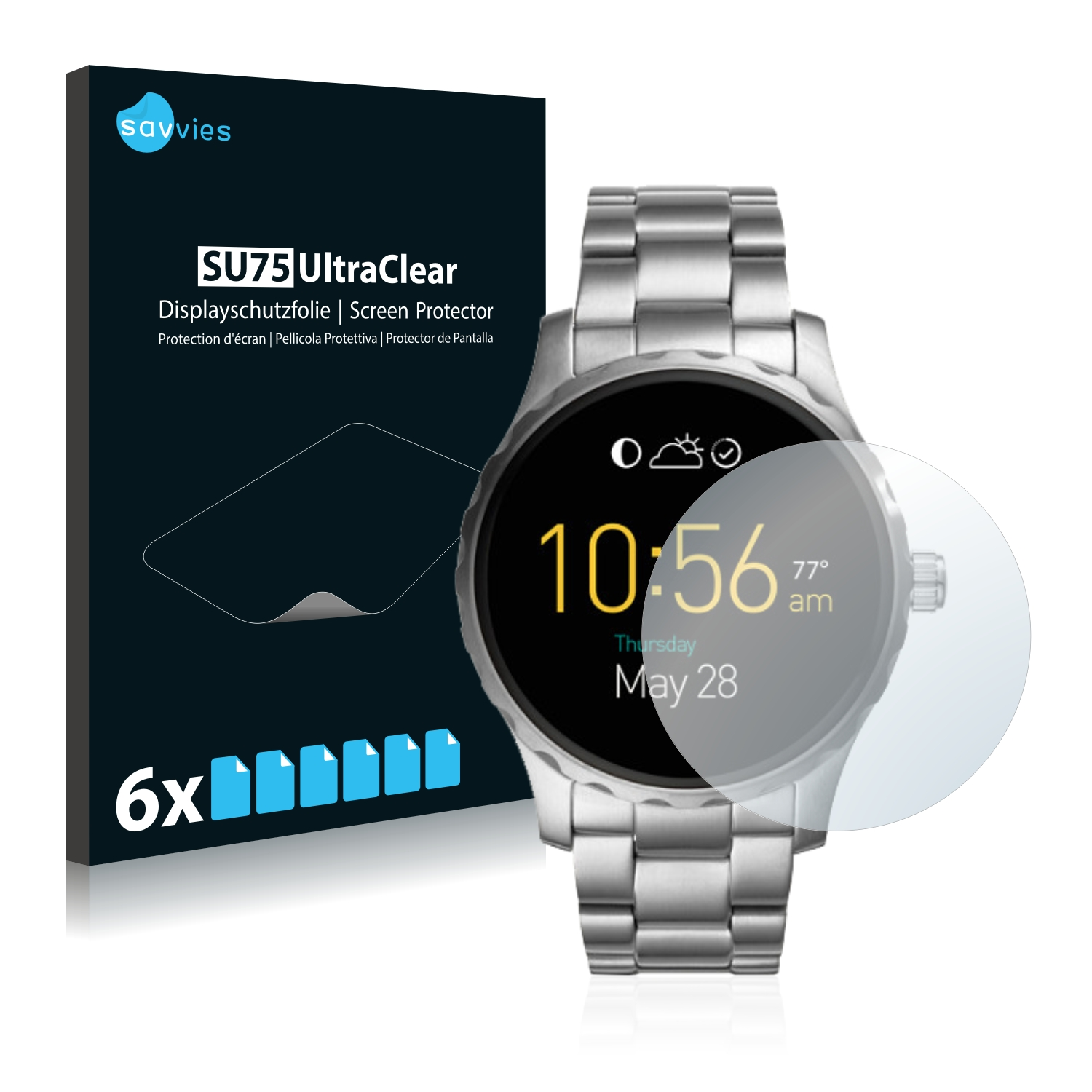 Eine Smartwatch mit Displayschutzfolie. Der Bildschirm zeigt die Uhrzeit und ein Wettersymbol.