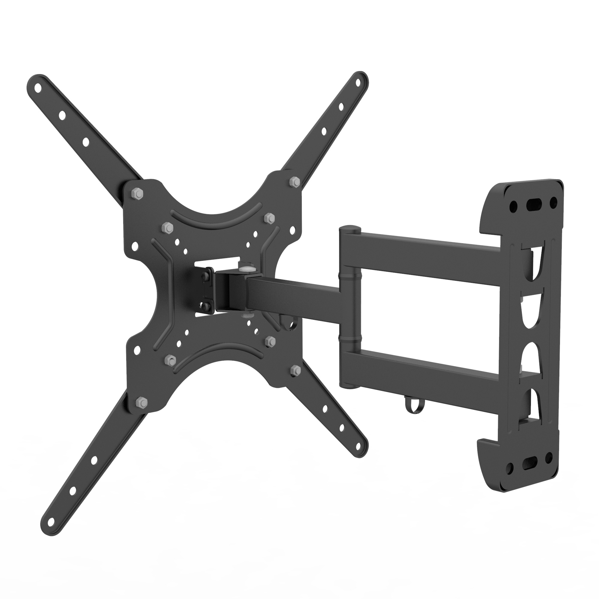 Schwarze TV-Wandhalterung mit Montagematerial. Die Halterung hat Arme und eine Basis. Weißer Hintergrund.