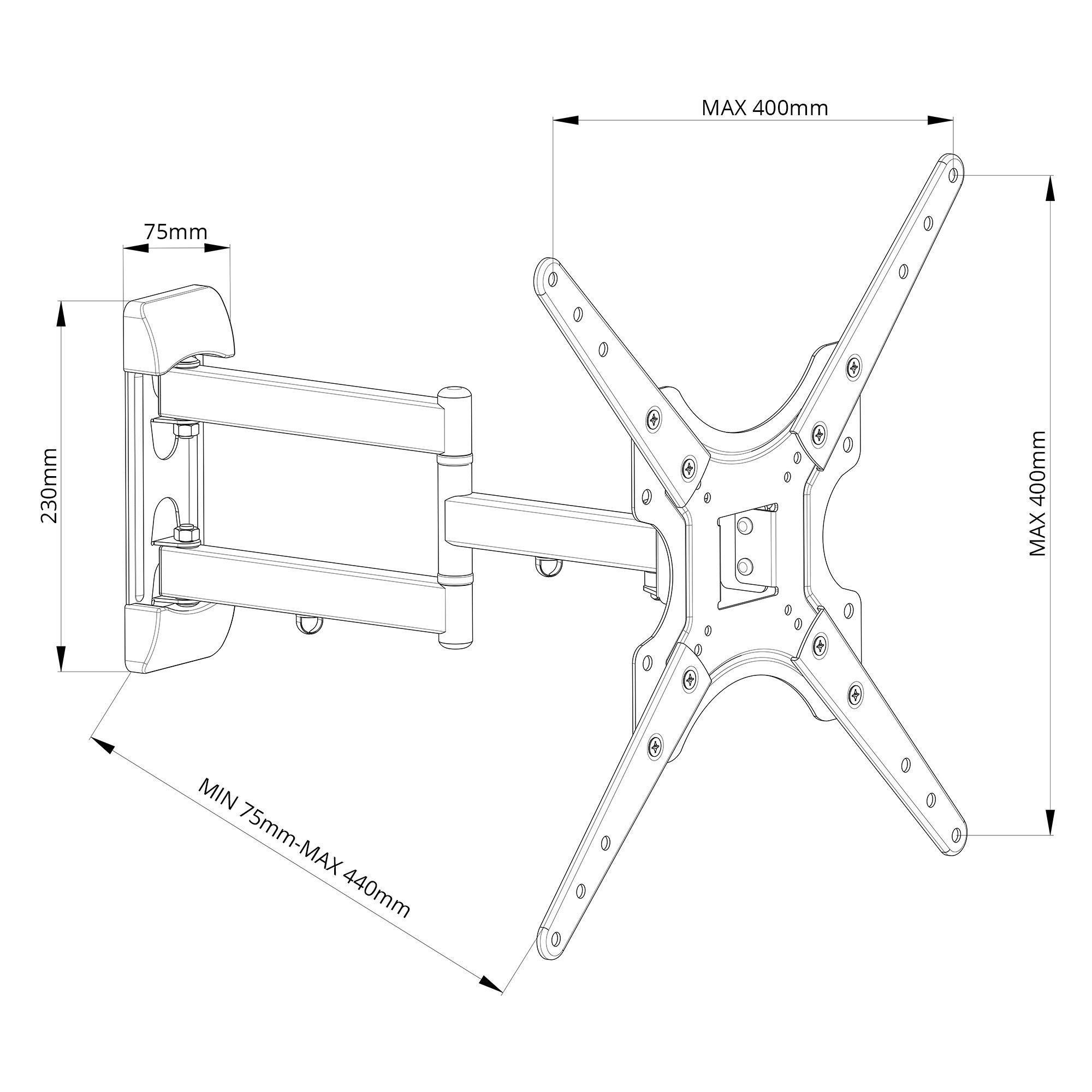 Eine schwarz-weiße Zeichnung, die eine TV-Halterung zeigt. Abmessungen und Maße sind enthalten.