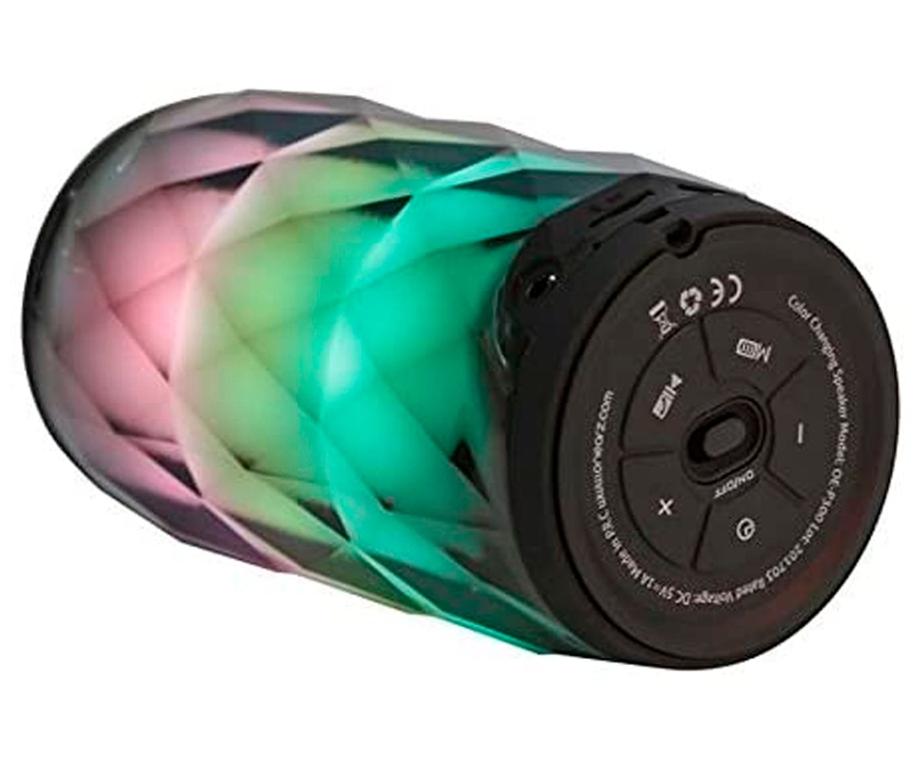 Un altavoz colorido con base negra, sobre fondo blanco.