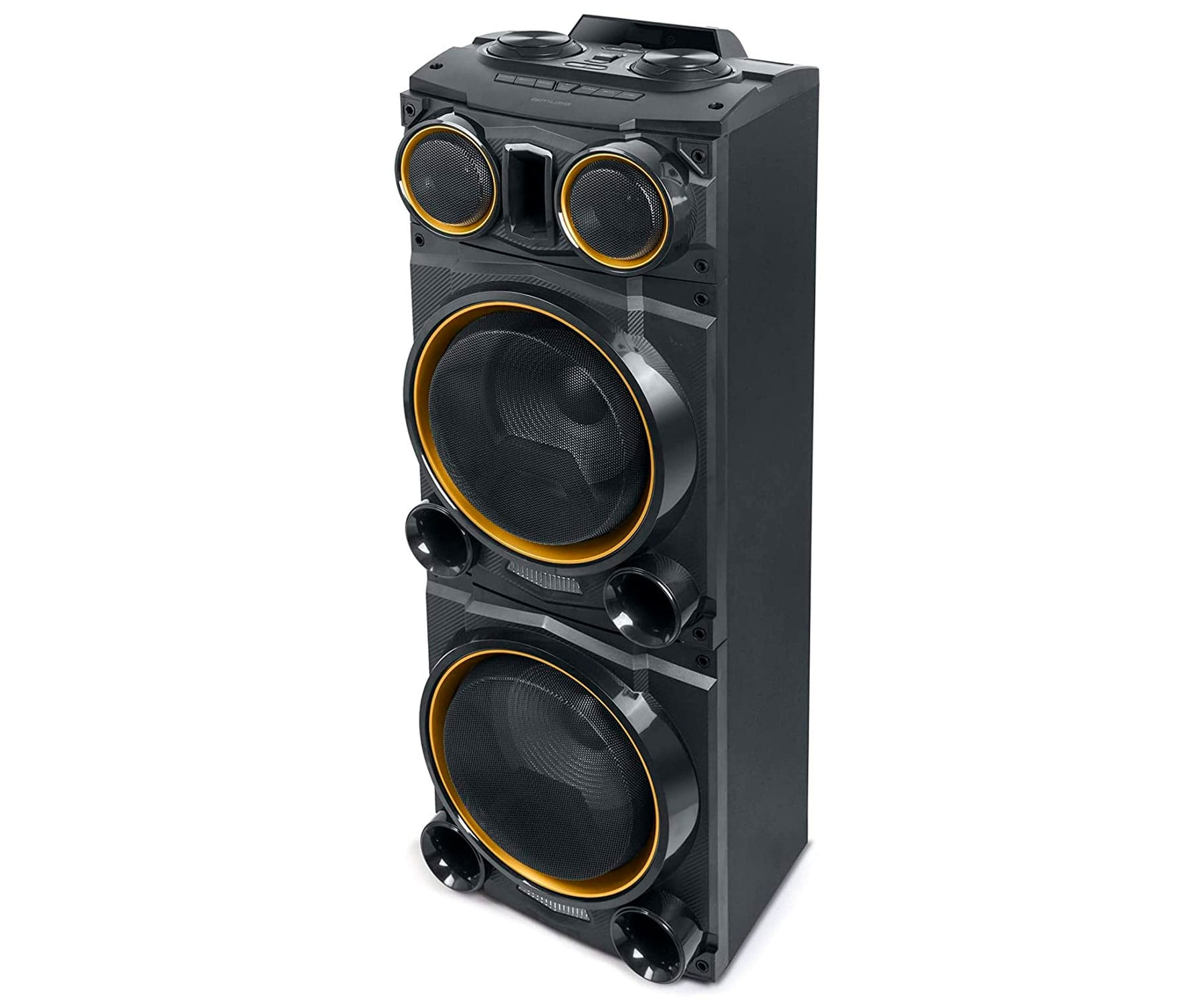 Wysoki czarny głośnik z pomarańczowymi akcentami, z dużymi głośnikami, na białym tle.