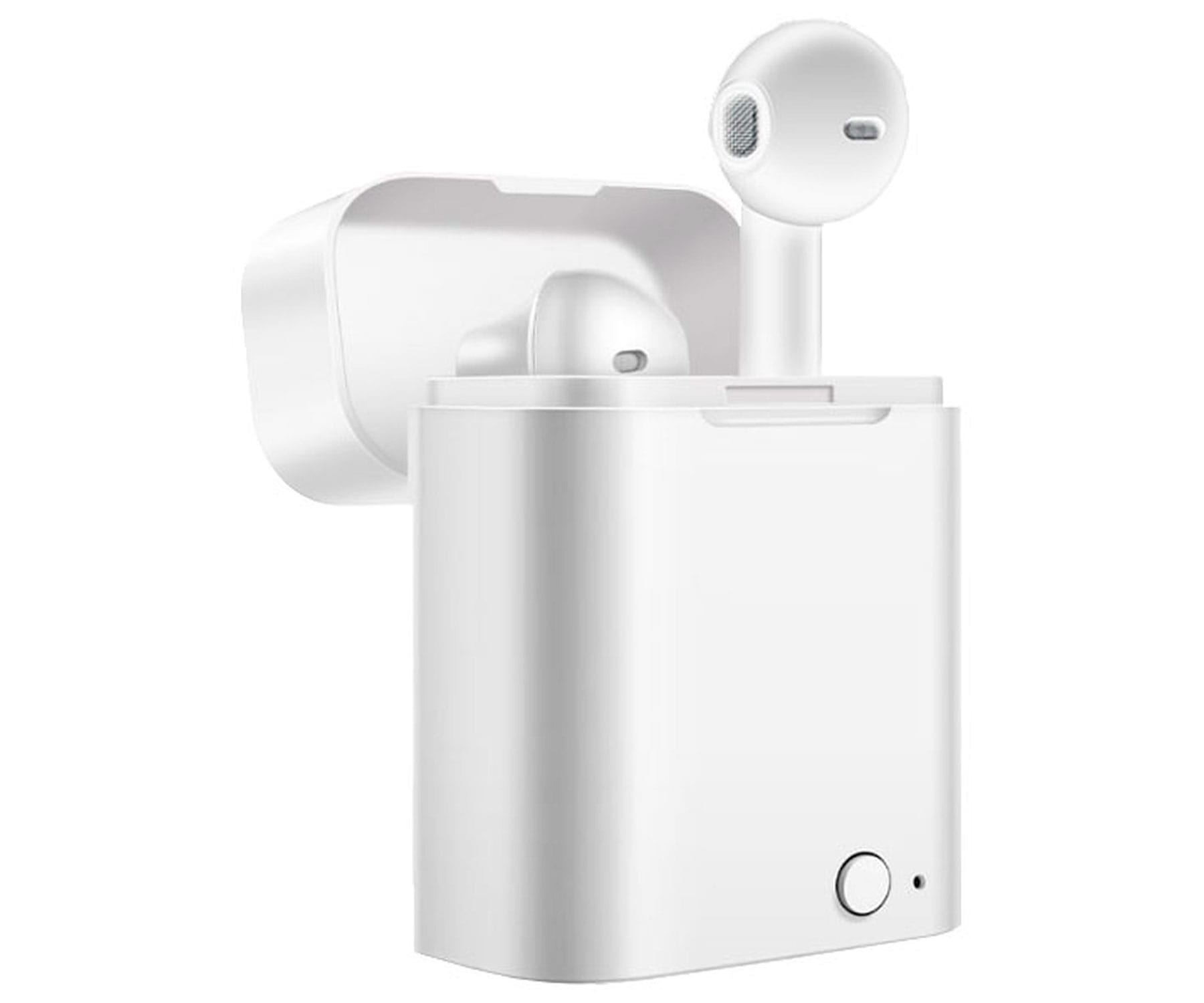 Auricolari wireless bianchi con custodia di ricarica. La custodia è aperta e un auricolare è fuori.