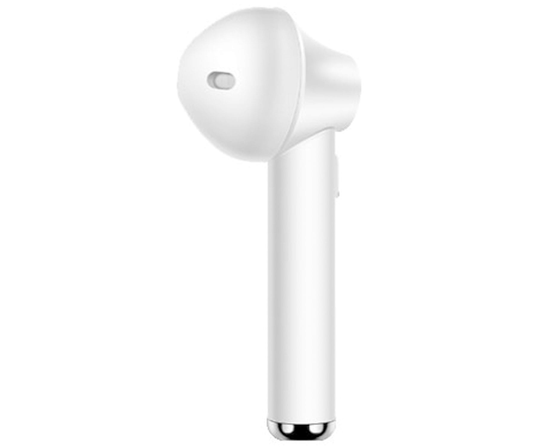 Auricolare wireless bianco. Ha una base argentata e una piccola apertura.
