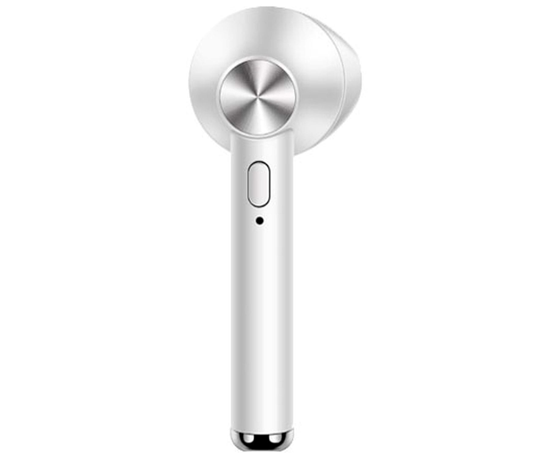 Auricolare bianco con pulsante argentato. È un singolo auricolare. È bianco e ha un punto nero.