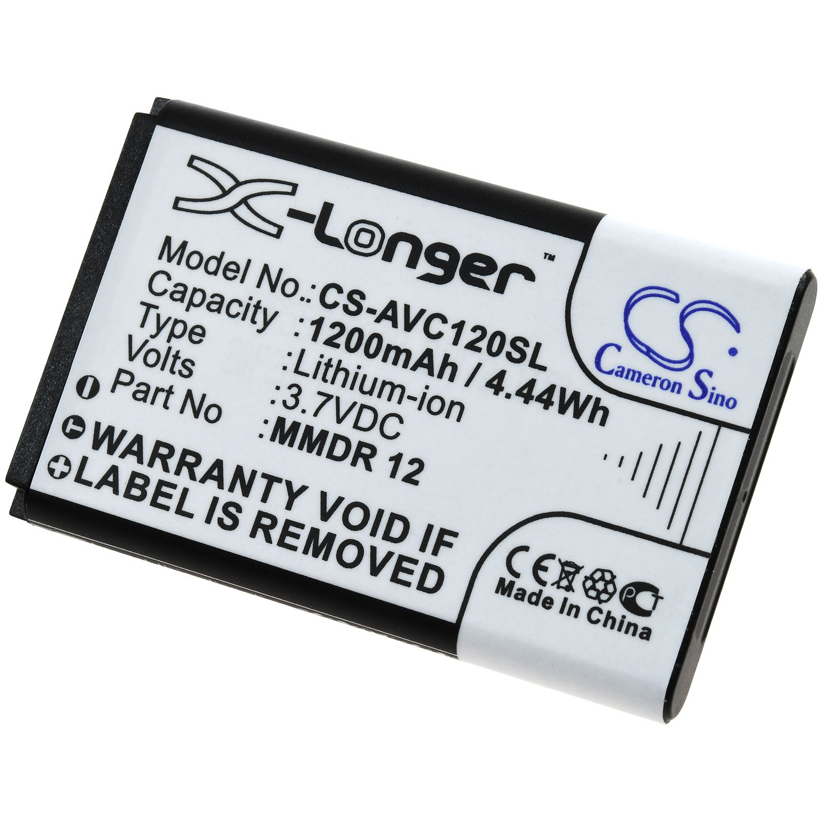 Batería con texto: Modelo No.: CS-AVC120SL, Capacidad: 1200mAh, 3.7V. La etiqueta es blanca.