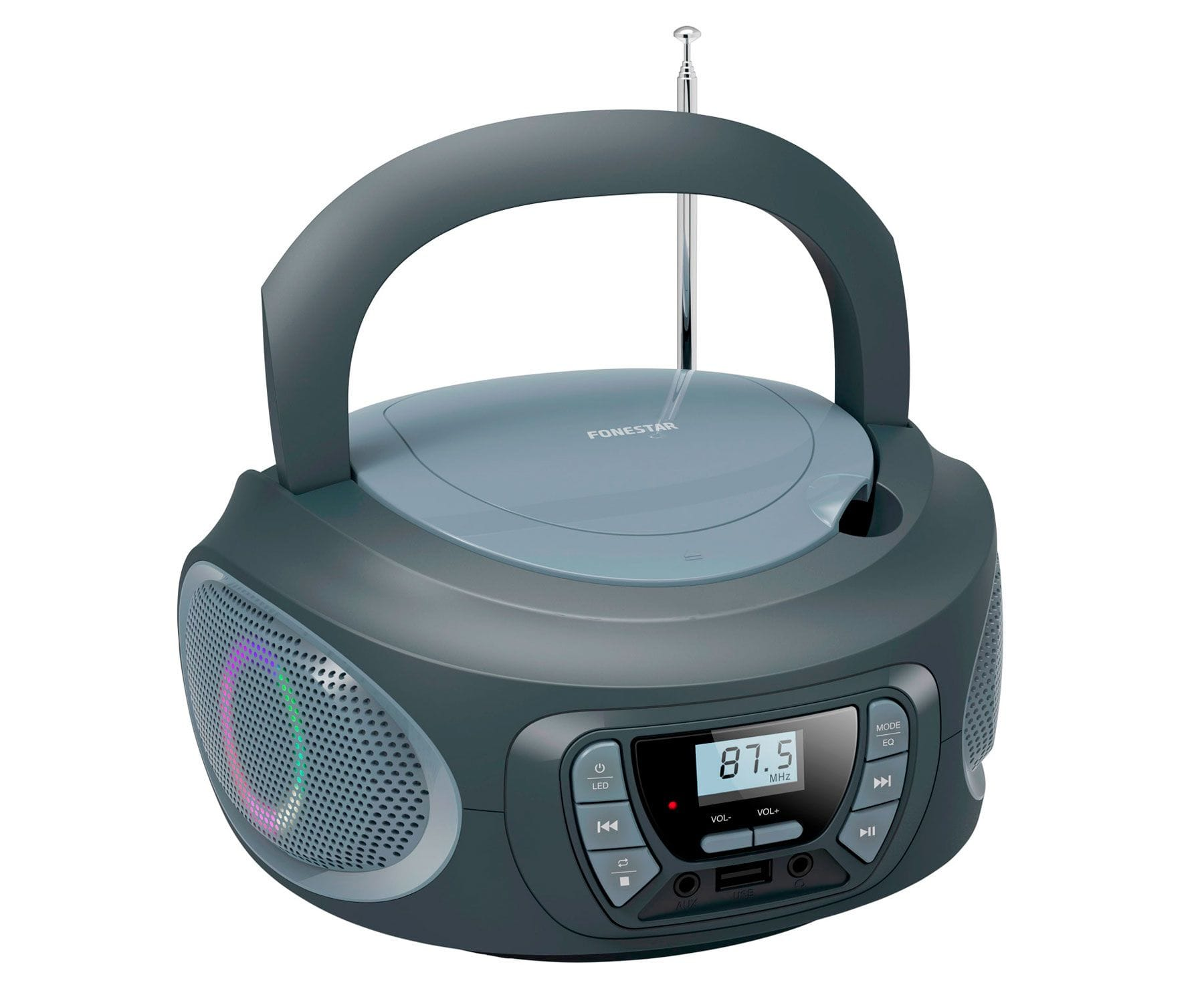 Radio reproductor de CD portátil gris con asa y antena. Fondo blanco.