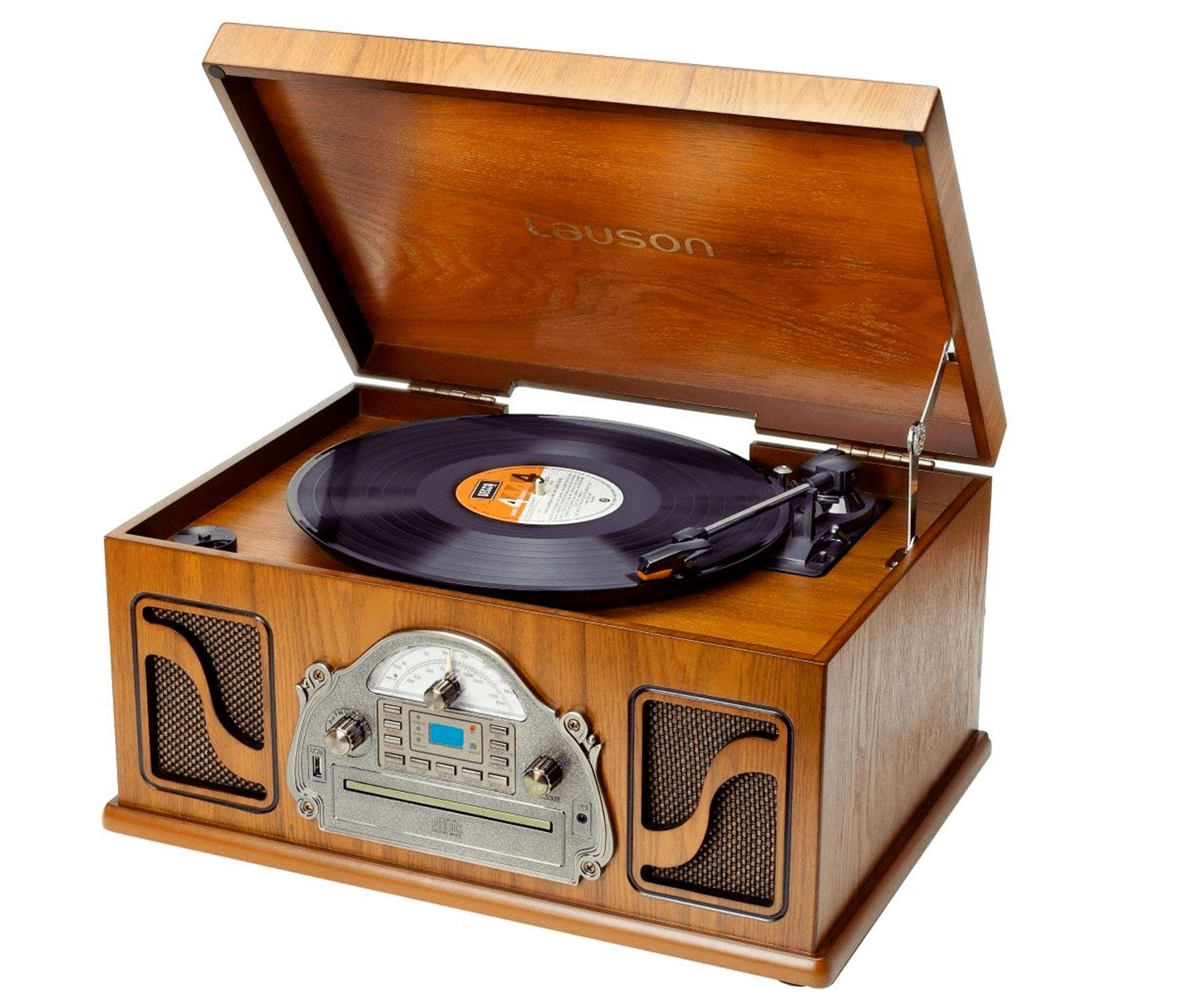 Un tocadiscos de madera con tapa abierta, un disco en el plato y altavoces.