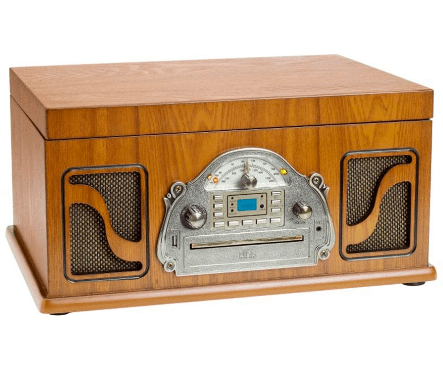 Radio de estilo retro de madera con reproductor de CD. Panel de control plateado con pantalla digital.
