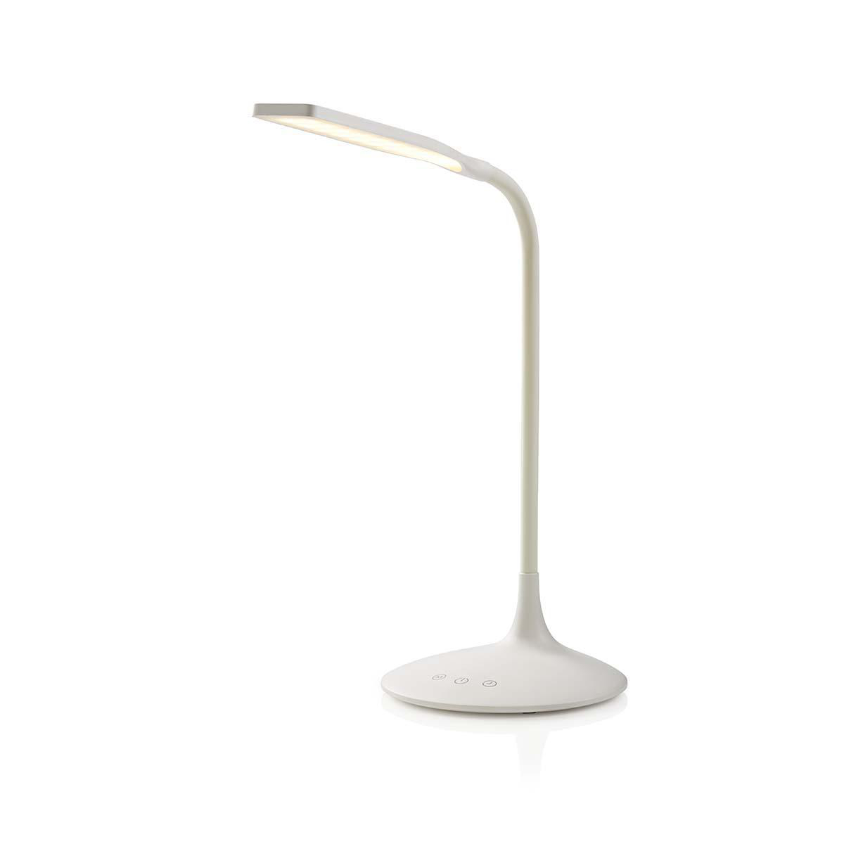 Lampada da scrivania bianca con collo curvo e luce brillante. Sfondo bianco.