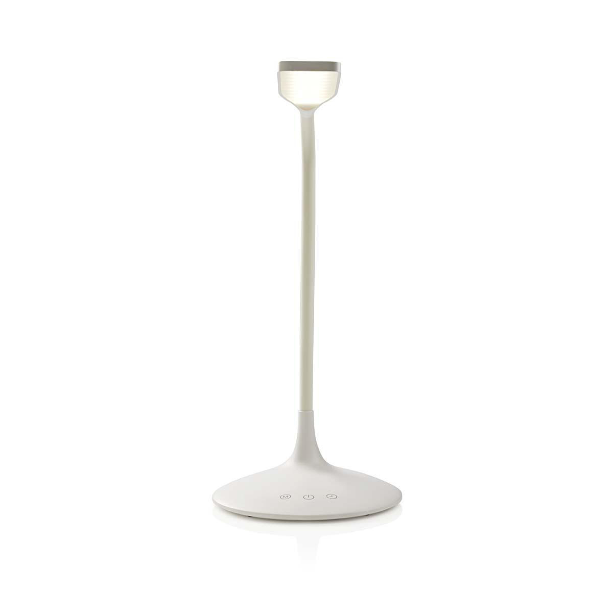 Lampada da scrivania bianca con collo flessibile e testa luminosa rettangolare.