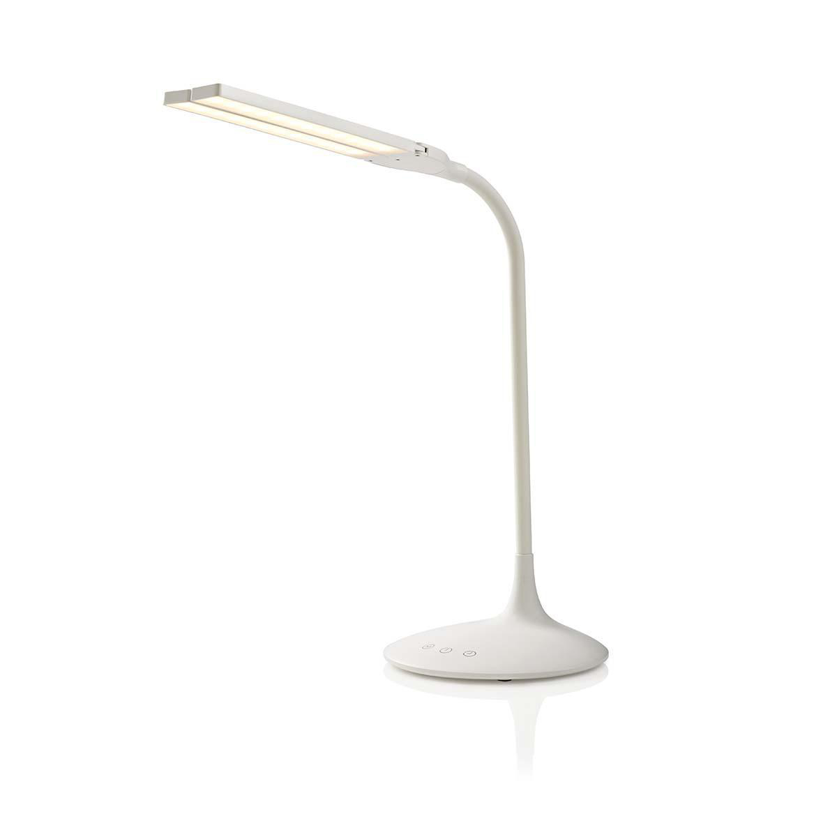 Lampada da scrivania bianca con testa regolabile e controlli touch.
