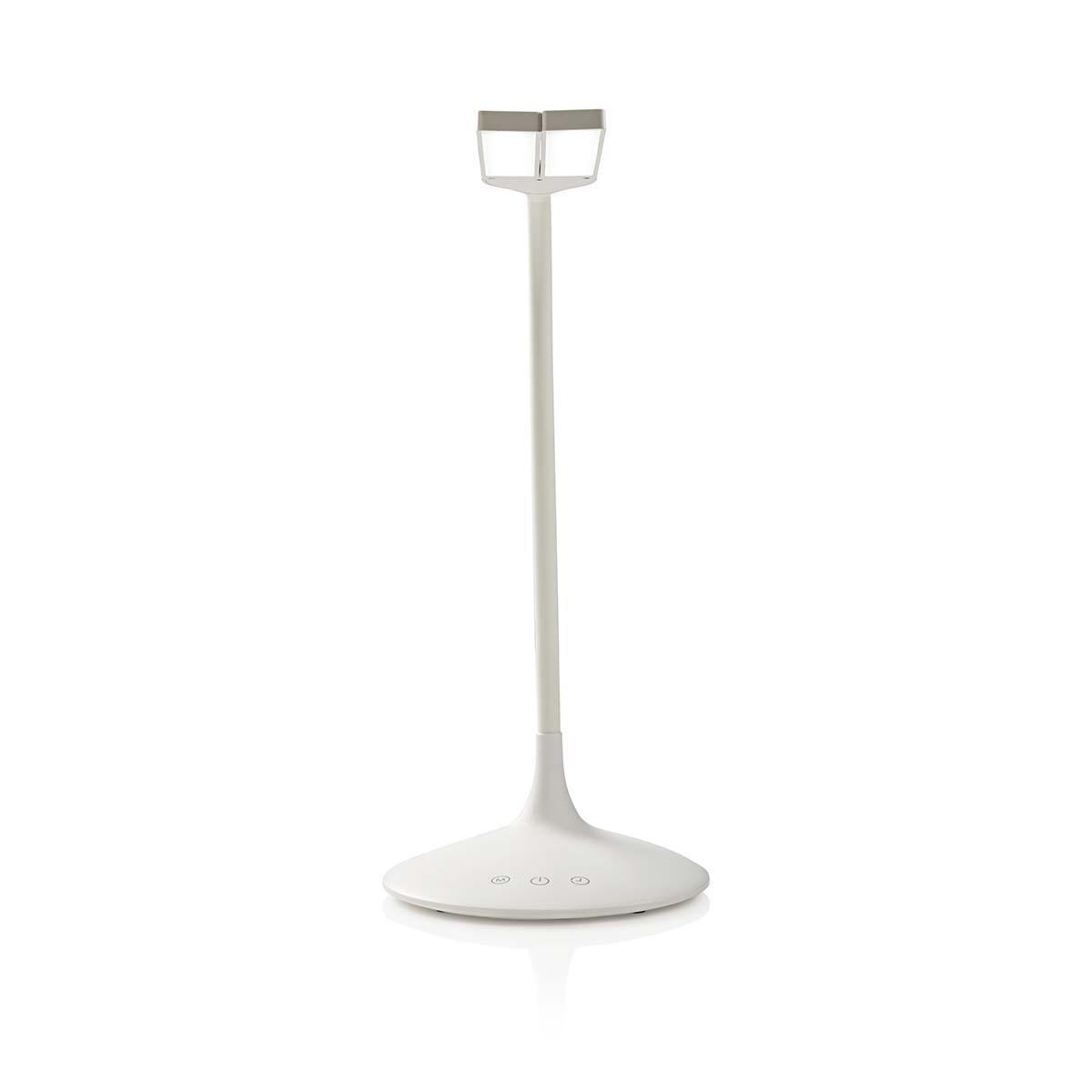 Una lampada da terra bianca e moderna con una luce rettangolare in alto e tre pulsanti alla base.