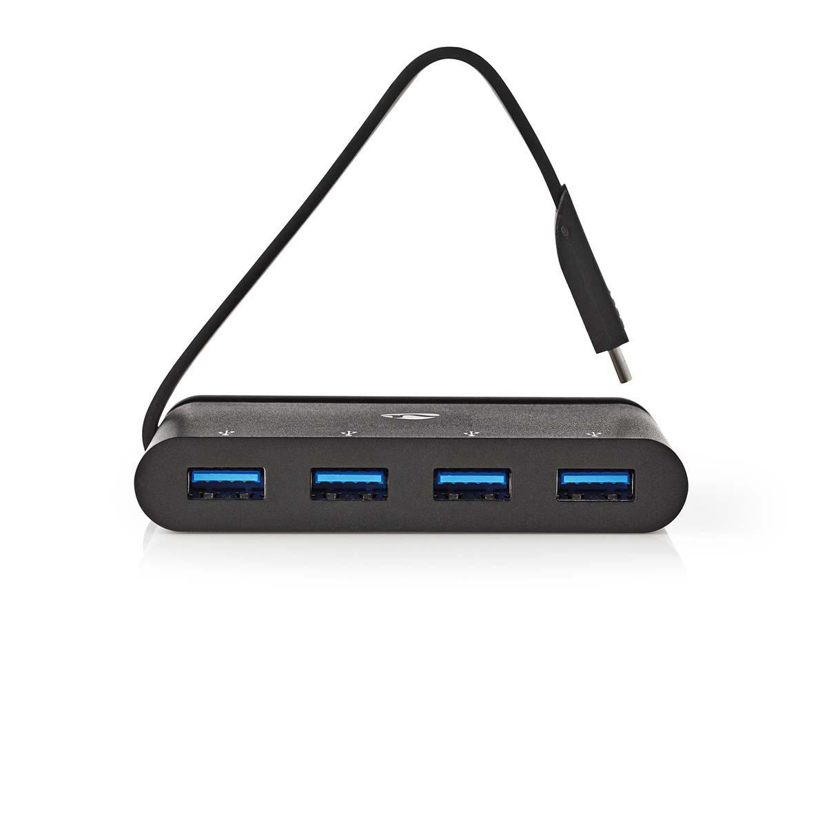 Schwarzer USB-Hub mit vier Anschlüssen. Er hat ein kurzes schwarzes Kabel mit USB-A-Stecker.