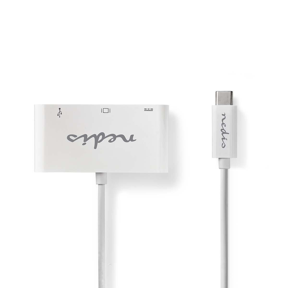 Weißer Nedis-Adapter mit USB- und HDMI-Anschlüssen. Ein weißes Kabel verbindet ihn mit einem USB-C-Anschluss.