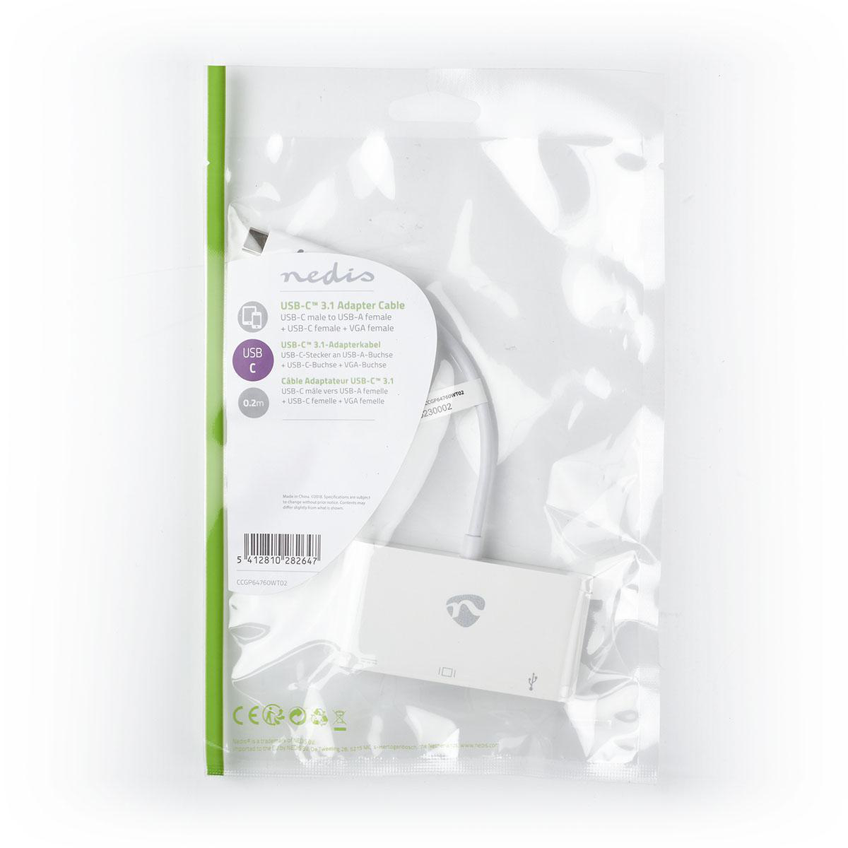 Eine transparente Plastiktüte mit einem weißen USB-C-Adapterkabel mit USB-C- und USB-A-Anschluss.