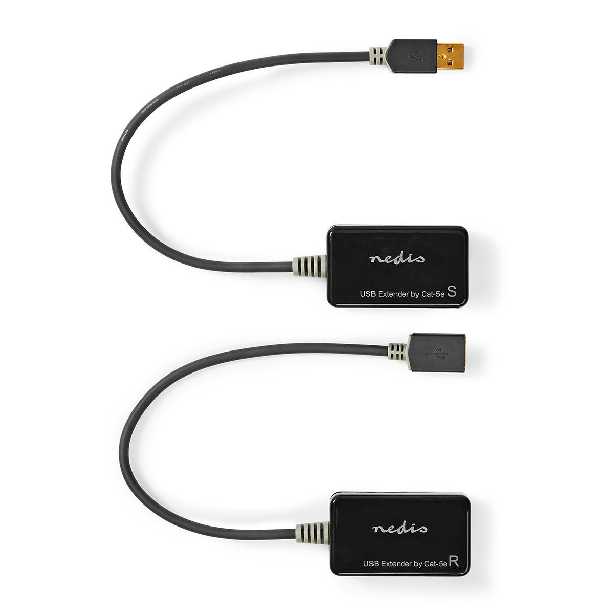 Zwei schwarze USB-Verlängerer von Nedis mit USB- und Cat-5e-Anschlüssen sind auf weißer Oberfläche gezeigt.