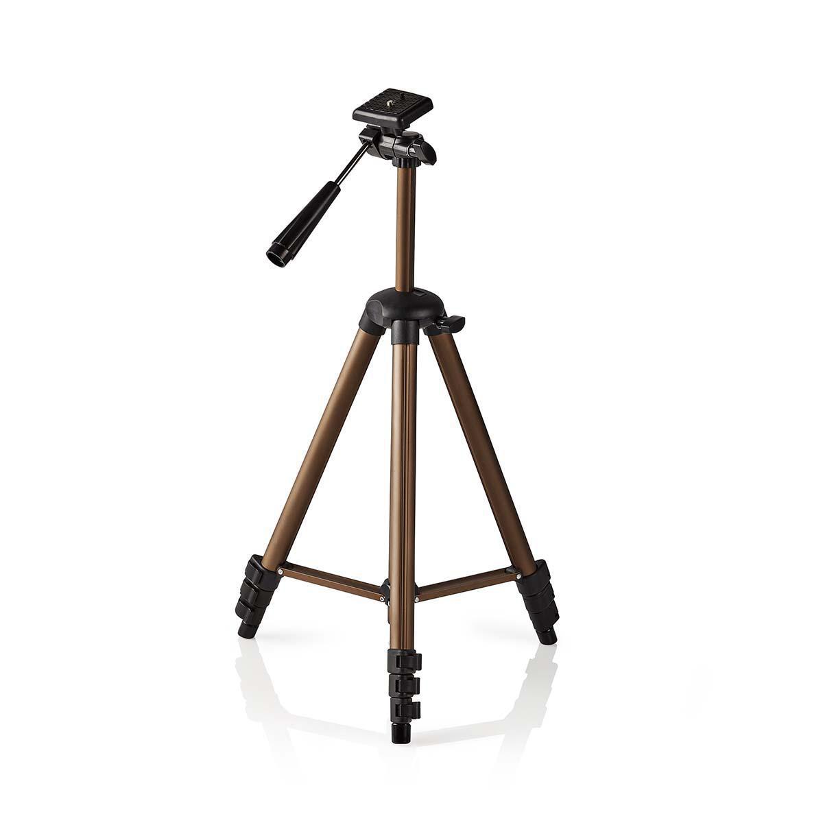 A brown and black tripod. It has three legs and a head for mounting a camera.