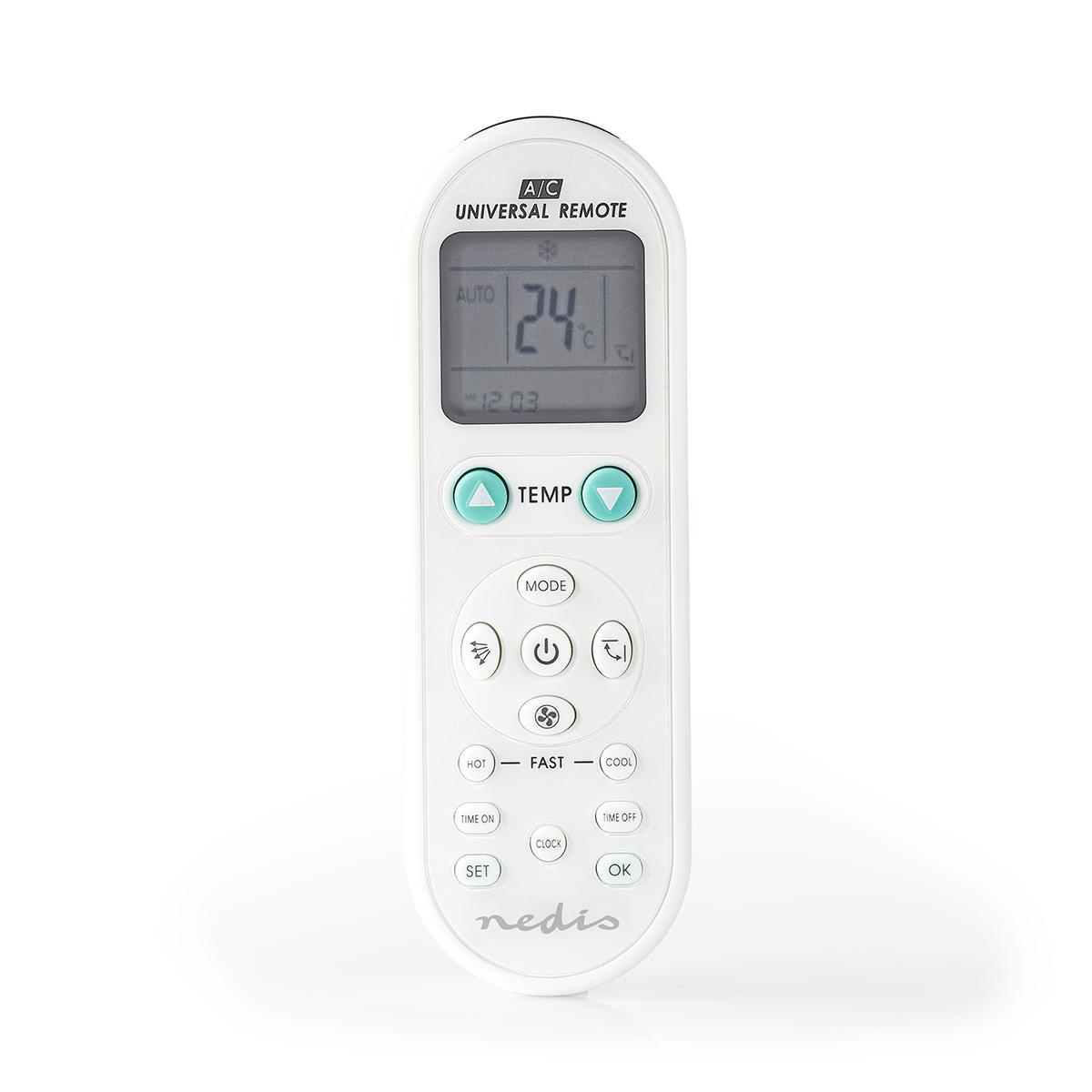 Ein weißer Universalfernbedienung für Klimaanlagen mit LCD-Anzeige.
