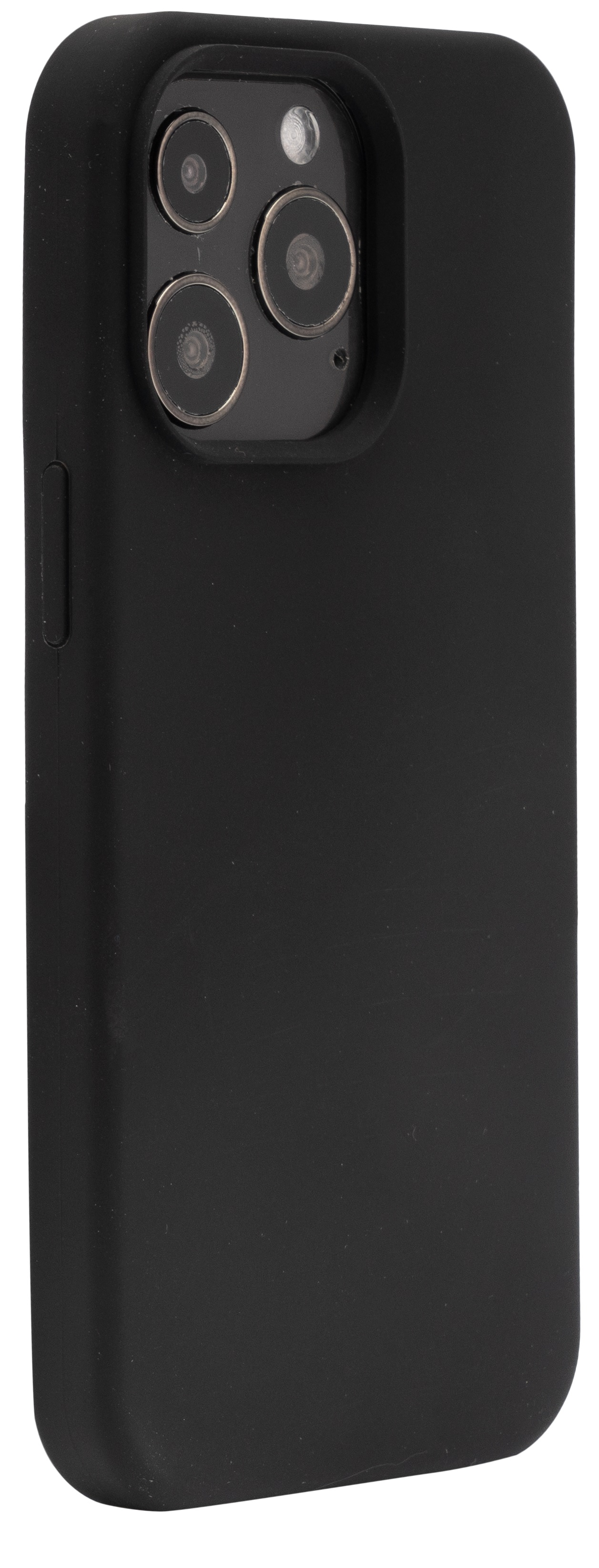 Custodia nera per telefono con tre fotocamere. Pulsante laterale visibile. La custodia è in gomma.