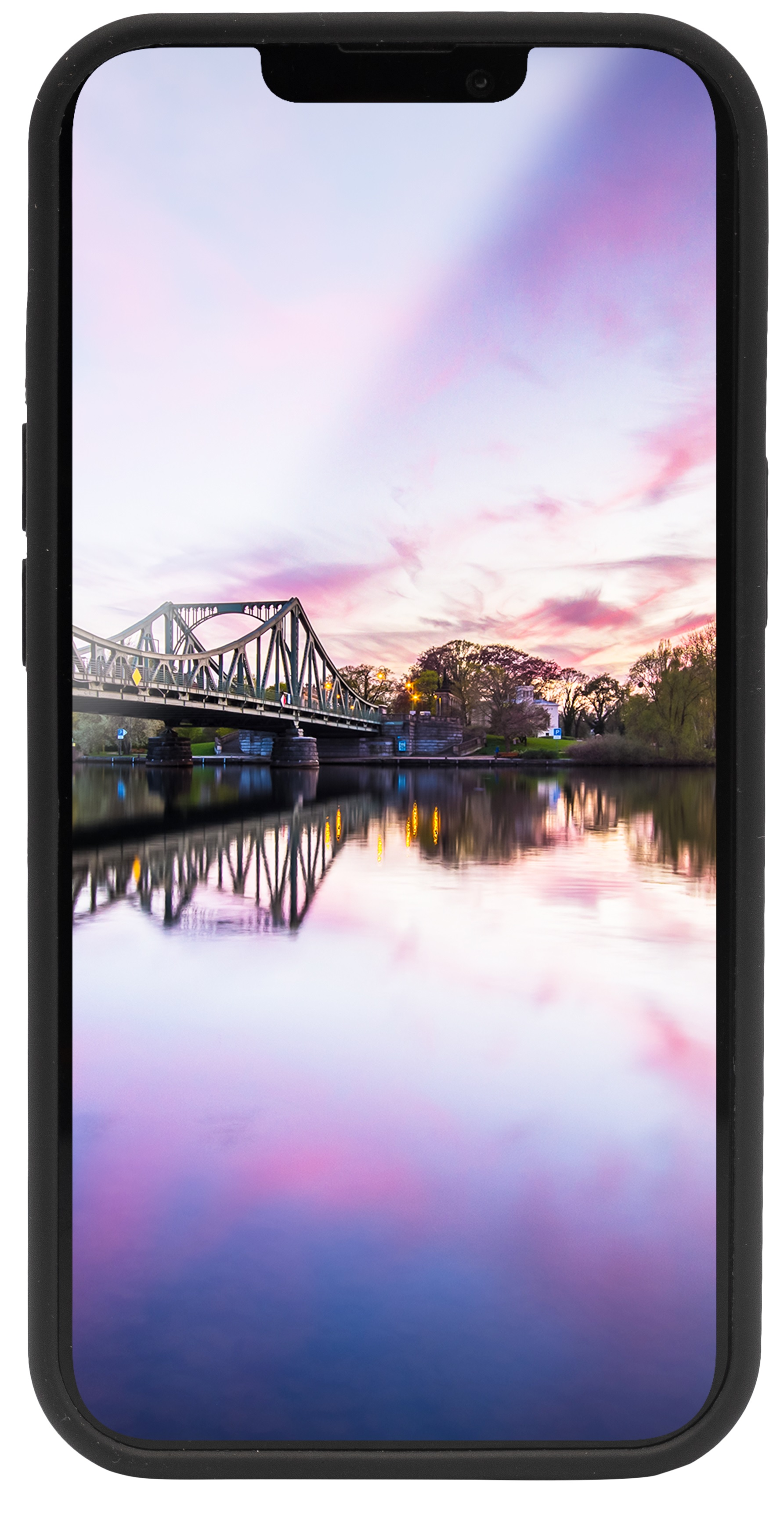 Handy zeigt Brücke über Wasser. Der Himmel ist rosa und lila.