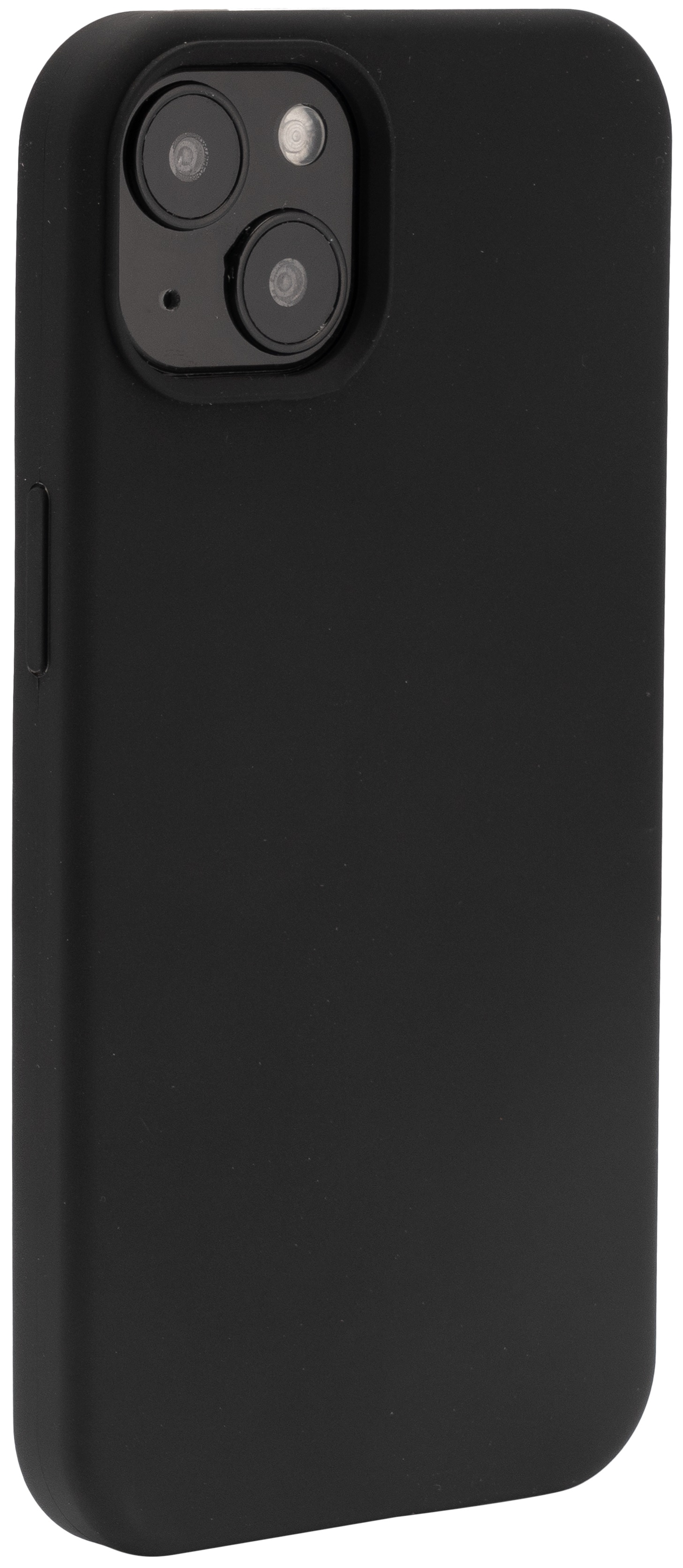 Schwarze iPhone-Hülle mit sichtbaren Kameralinsen. Seitenansicht. Weißer Hintergrund.