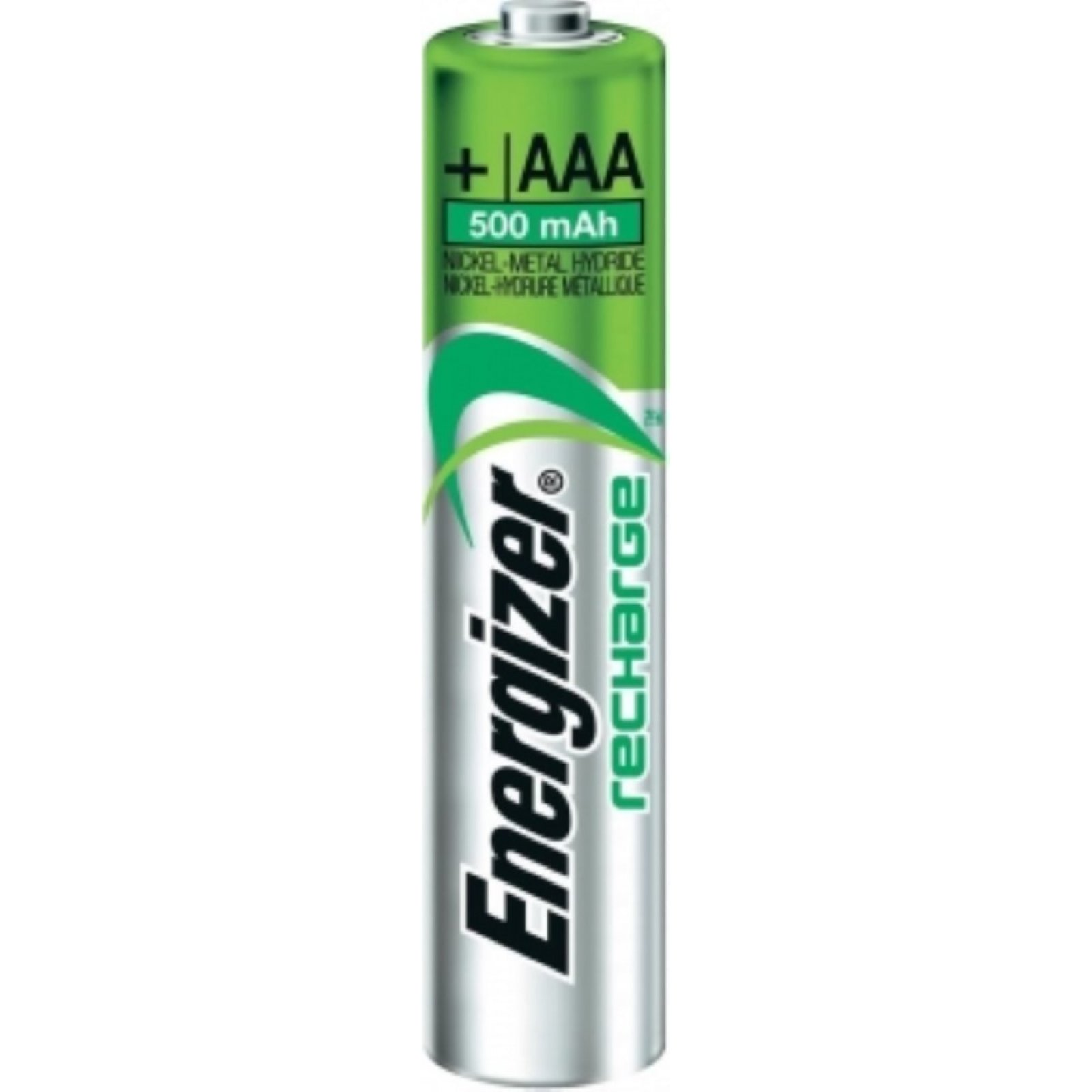 Una batería recargable Energizer AAA verde. La batería tiene un diseño verde y plateado.