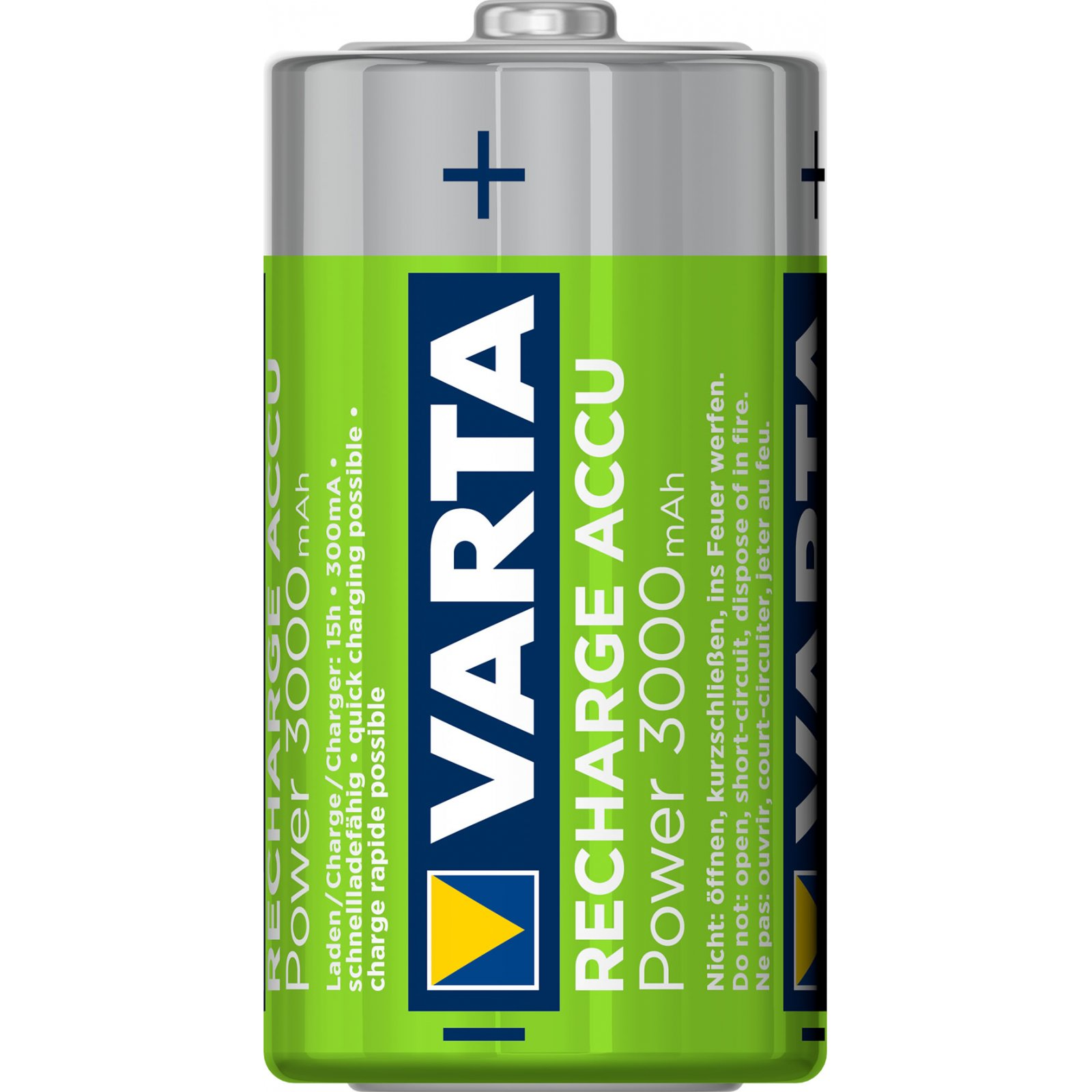 Una batería VARTA Recharge Accu, verde y plateada, sobre fondo blanco.