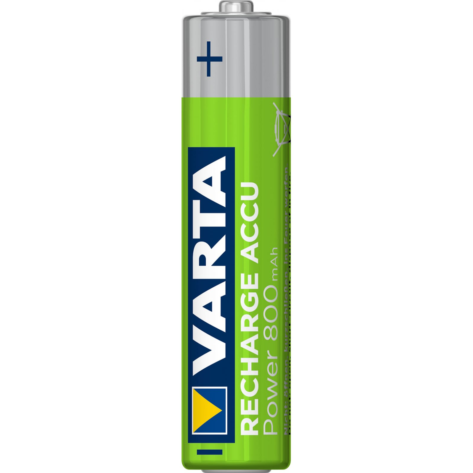 Una batería verde Varta Recharge Accu. Tiene un signo más y las palabras 'Recharge Accu'.