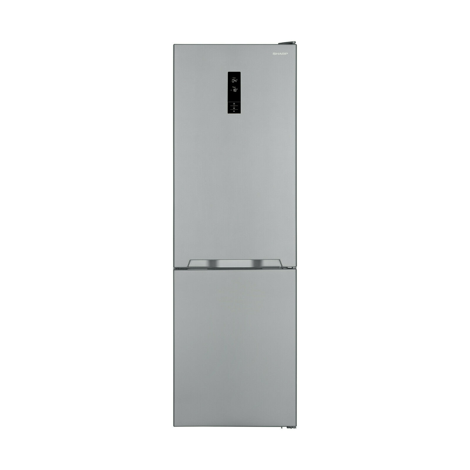 Silberner Kühlschrank mit zwei Türen. Es hat ein digitales Display. Die Marke ist Sharp.